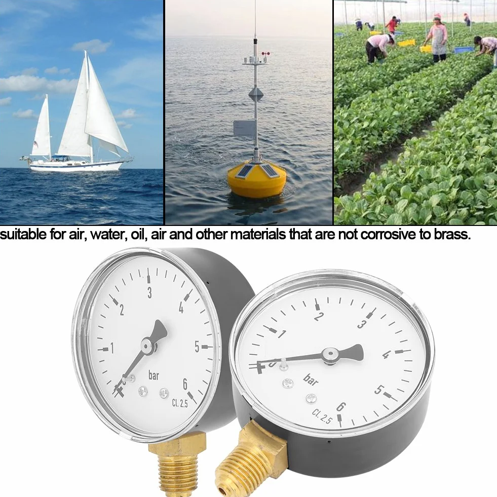 1/4" NPT ekonomiczny uniwersalny manometr, 0-6 barów, hydrauliczny miernik ciśnienia powietrza z 6 cm płytką tarczową, manometr z bocznym mocowaniem