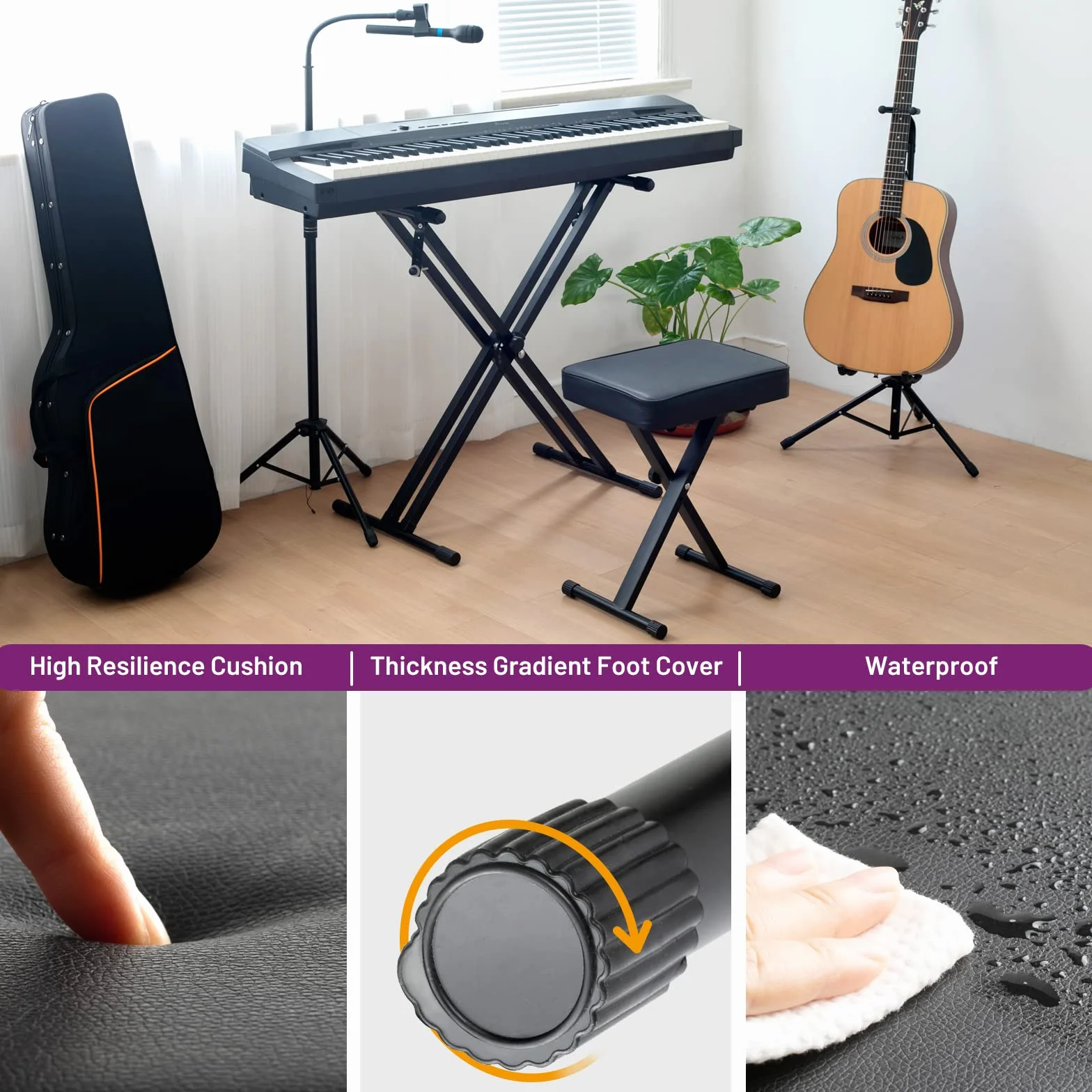 CAHAYA Premium Keyboard Ławka 7CM Wyściełana poduszka Grubość X-Style Ławka fortepianowa 3 Regulowana wysokość Klawiatura Premium Krzesło do elektronicznych klawiatur cyfrowych Fortepiany CY0296