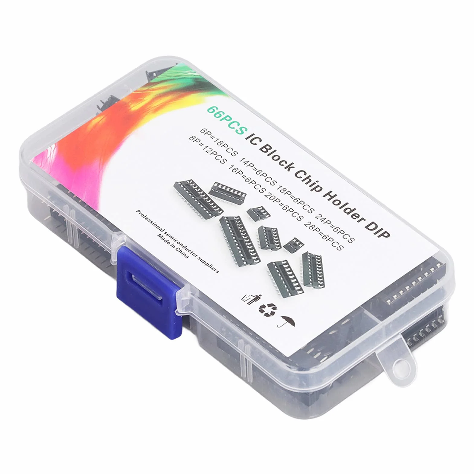 66 szt. DIP IC Chip Socket 6P do 28P Izolacyjne Plastikowe Dwurzędowe Płaskie Piny IC Gniazda Typ Lutowania Zestaw Asortymentowy