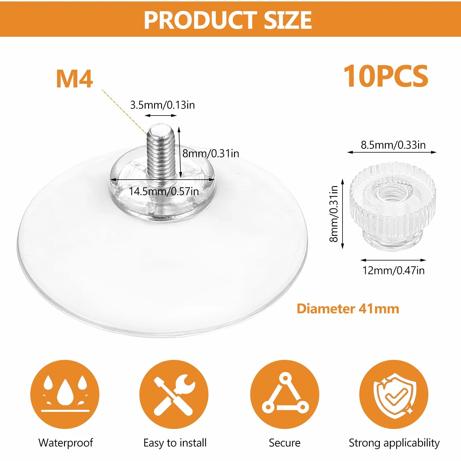 10 sztuk przyssawek z gwintem, Ø41mm przyssawki z gwintem M4, mocne przyssawki, przezroczyste przyssawki PVC, haczyki bez wiercenia z 10 nakrętkami radełkowanymi do okien, samochodu, szkła
