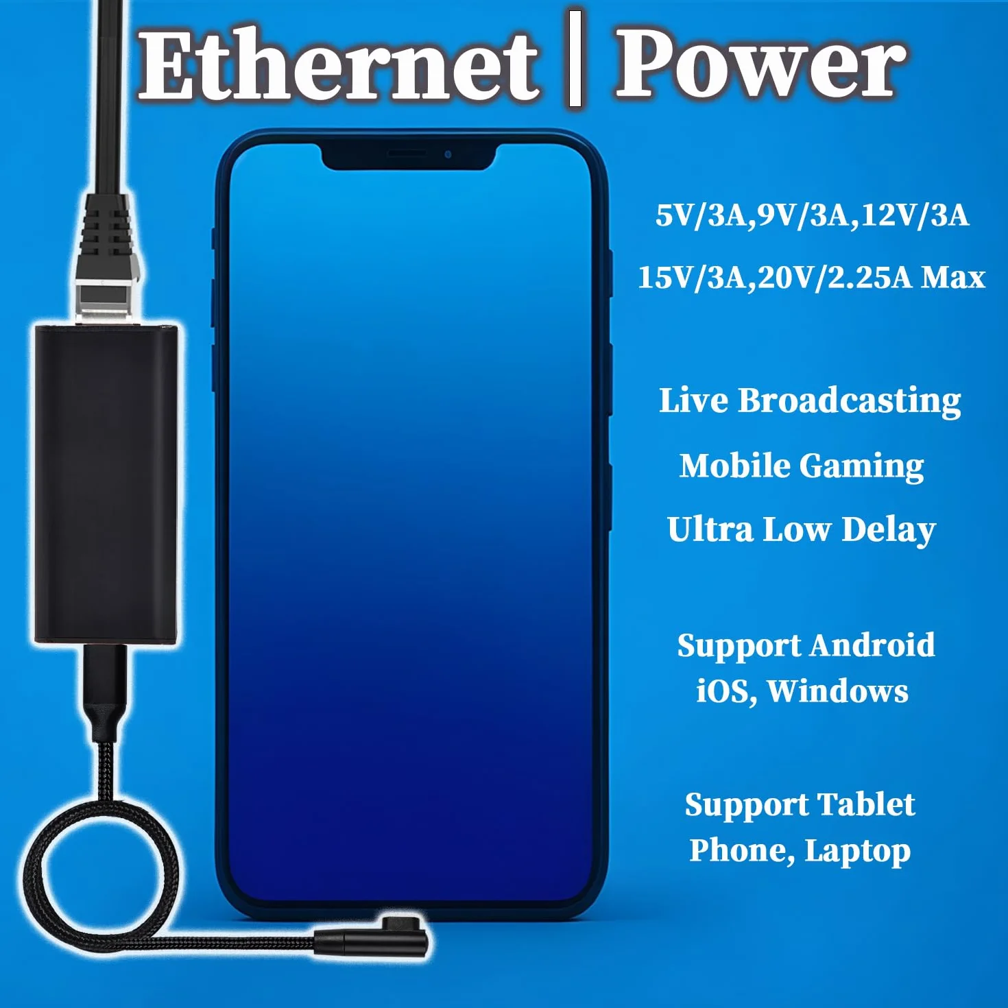 Gigabitowy adapter konwertera PoE na USB-C, moc wyjściowa typu C i Ethernet 2 w 1, maks. ładowanie 45 W 5 V do 20 V, do smartfona, tabletu, laptopa, szybkość 1000 Mb/s, IEEE802.3af/at/bt