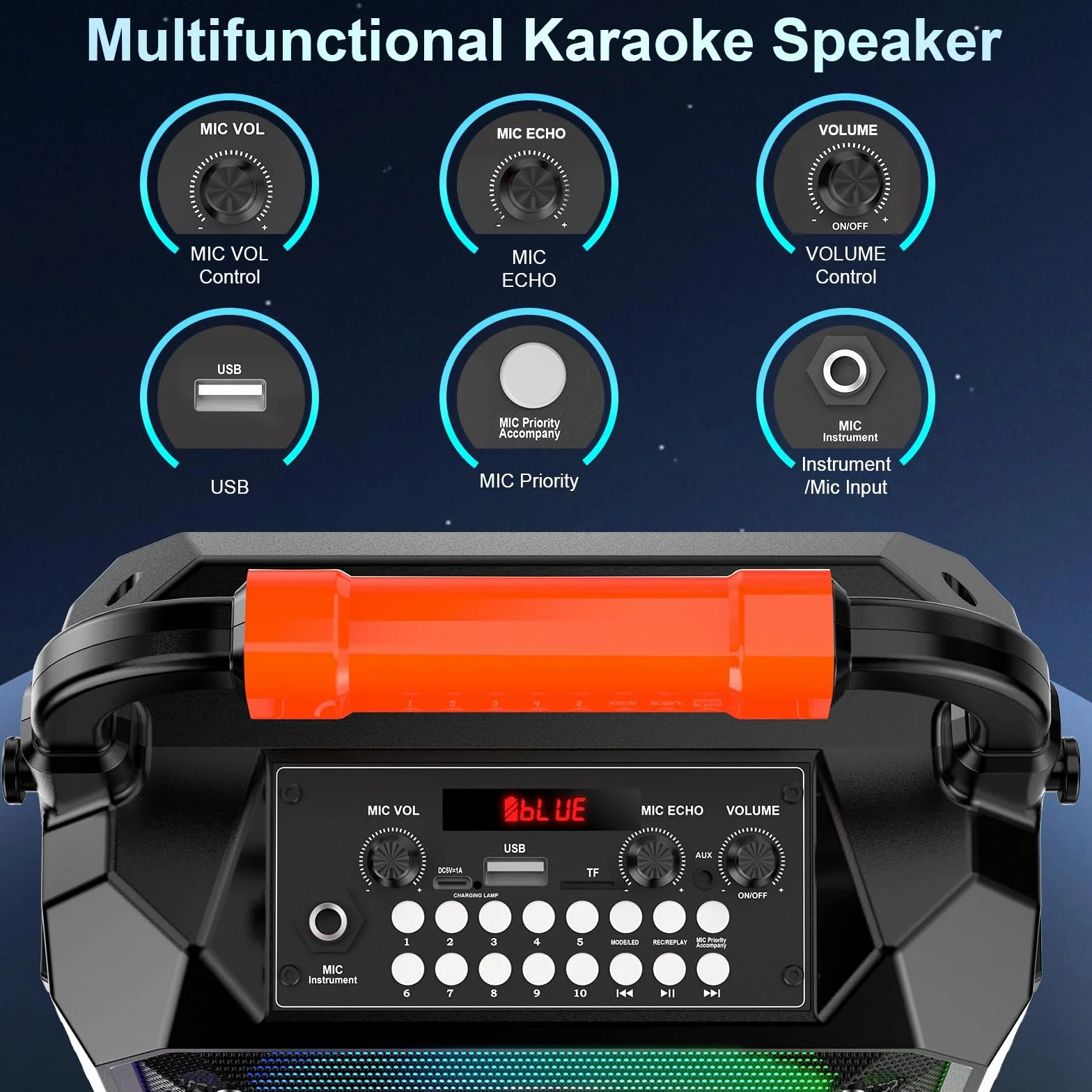 JAUYXIAN Karaoke Machine z 2 mikrofonami bezprzewodowymi, przenośny głośnik Bluetooth, system PA TF/USB/AUX