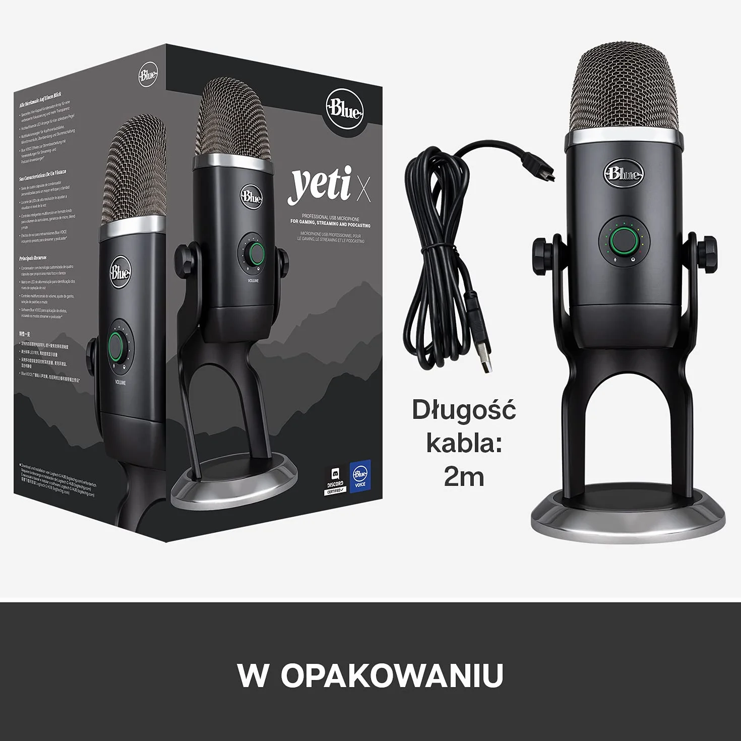 Blue Yeti X Professional Mikrofon Kondensacyjny USB do PC, Mac, Gamingu, Nagrywania, Streamingu, Podcastów na PC, Mikrofon z Funkcją High-Res Metering, Oświetleniem LED, Efekty Blue VO!CE - Czarny