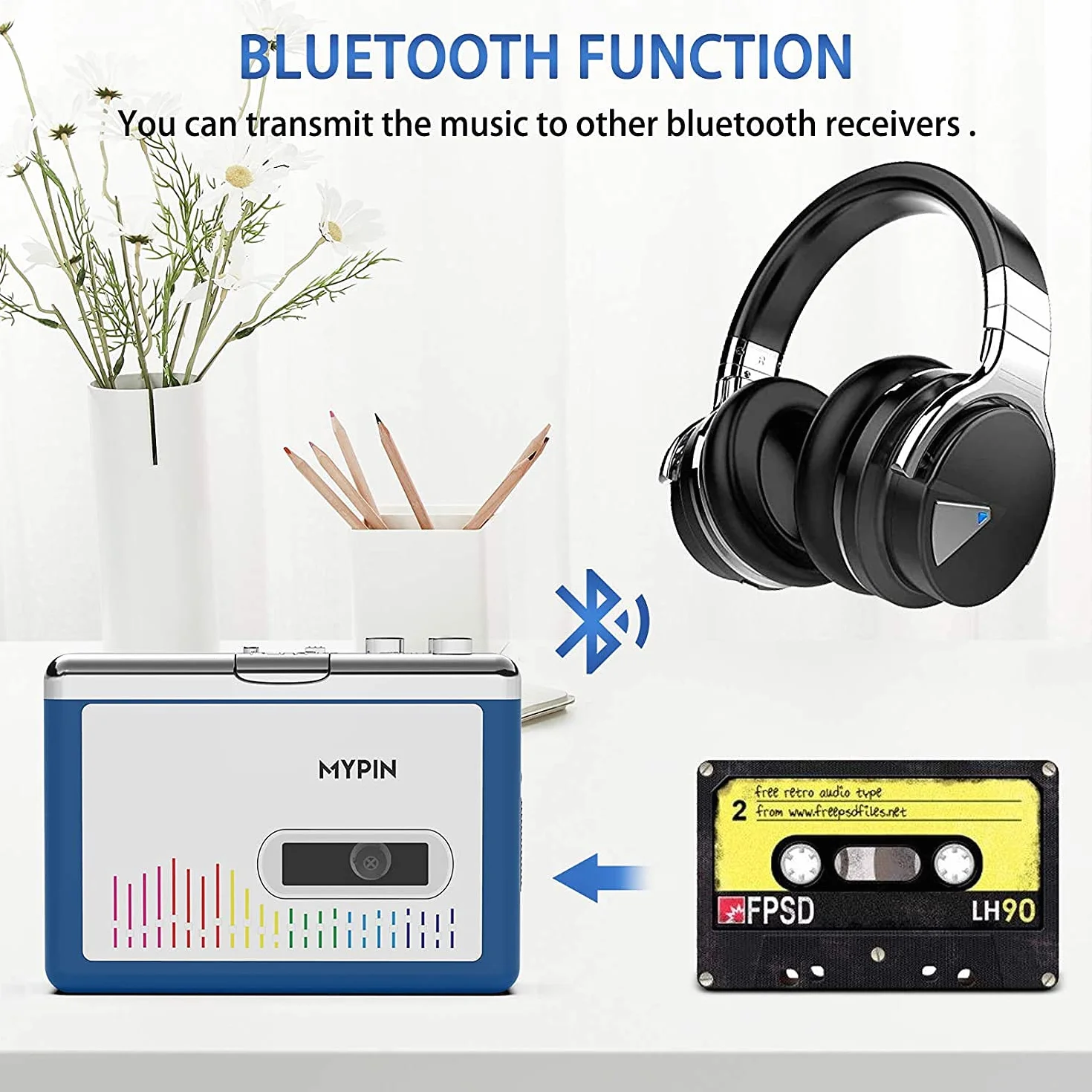 MYPIN Odtwarzacz kasetowy Bluetooth z zestawem słuchawkowym, napęd wyjściowy Bluetooth z zestawem słuchawkowym/głośnikiem, przenośny odtwarzacz kasetowy, 2 baterie AA lub zasilanie USB, złącze