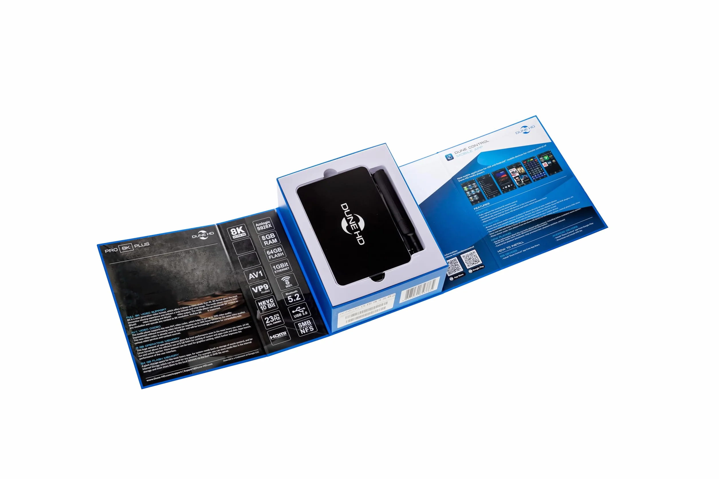 Dune HD Pro 8K Plus, Odtwarzacz multimedialny, Android Box, Dolb Visio, Atmo, S928X-K/J, HD-Audio, HDMI 2.1a, BT5, WiFi6, 1Gbit, USB 3, 8GB / 64GB, Optical S/PDIF, 8Kp60 HDR, 4Kp60, 1080p, YouTube 8K