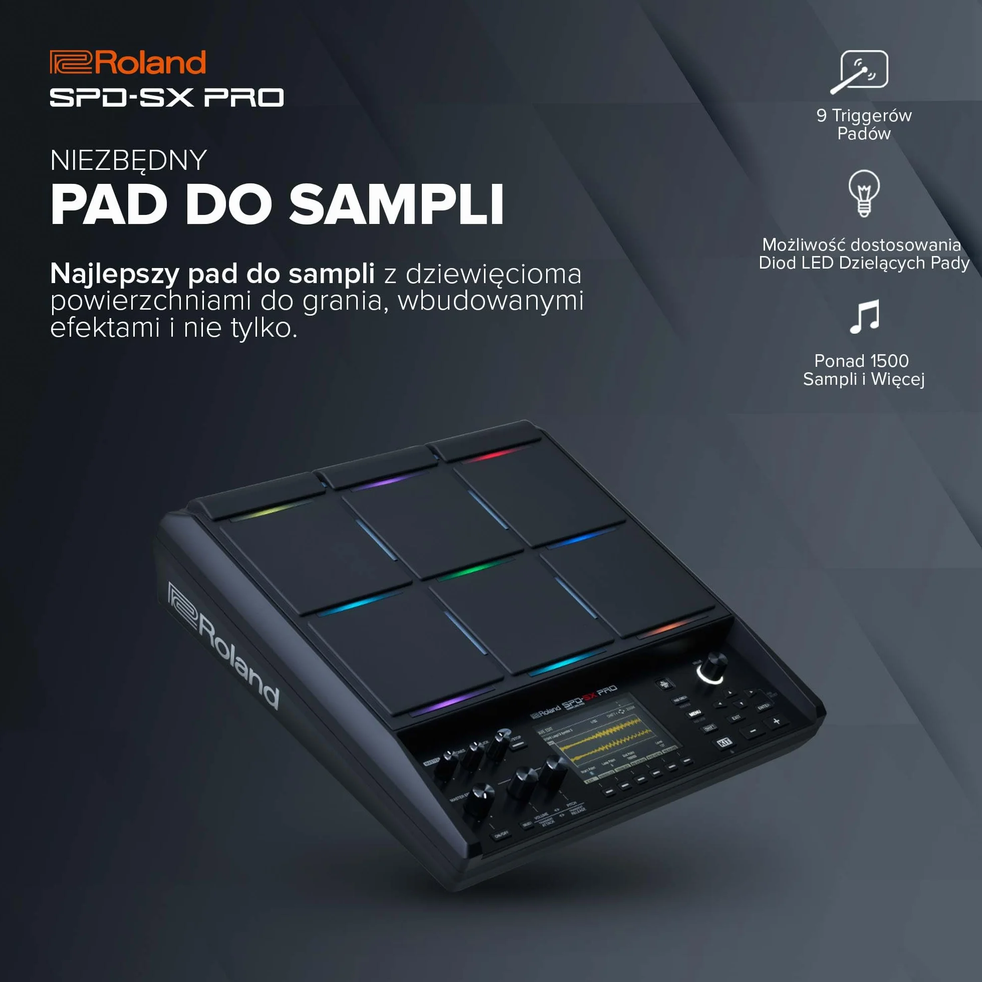 Pad so Sampli Roland SPD-SX PRO | Flagowy Pad do Sampli dla Perkusistów i Innych Muzyków | 9 Powierzchni do Gry, 8 Zewnętrznych Wejść Wyzwalających, Kolorowy Wyświetlacz