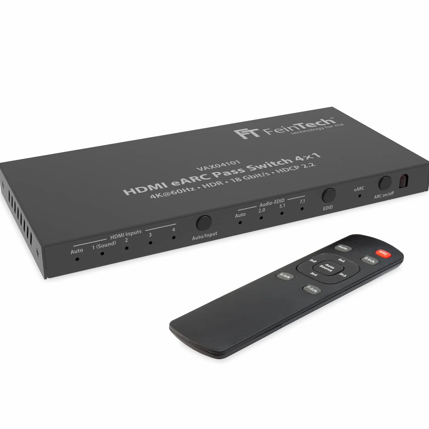 FeinTech VAX04101A HDMI eARC Pass Switch 4 x 1, do 3 źródeł HDMI, soundbar i projektora TV 4K HDR Dolby Atmos