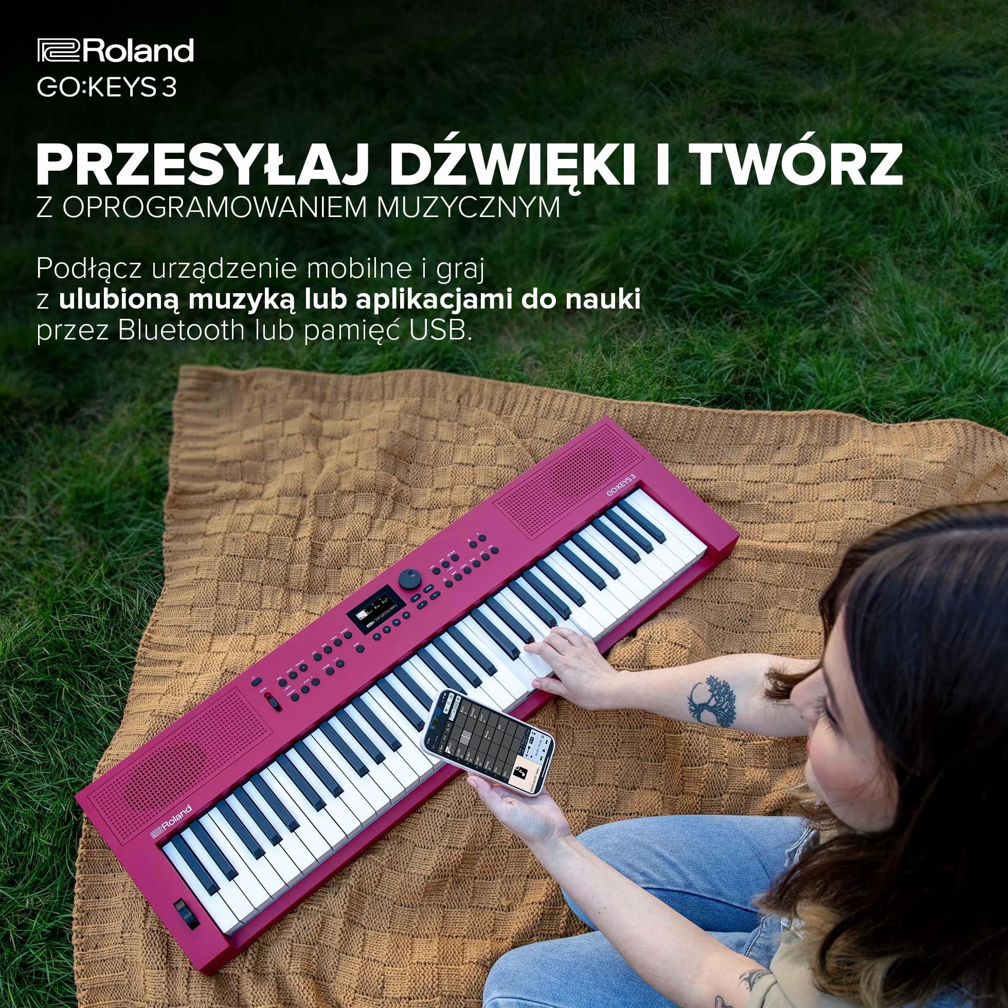 Roland GO:KEYS 3 Keyboard do Tworzenia Muzyki, 61-Klawiszowa Klawiatura, Silnik ZEN-Core z ponad 1000 Wbudowanymi Dźwiękami, Wbudowane Głośniki Stereo - Ciemnoczerwony