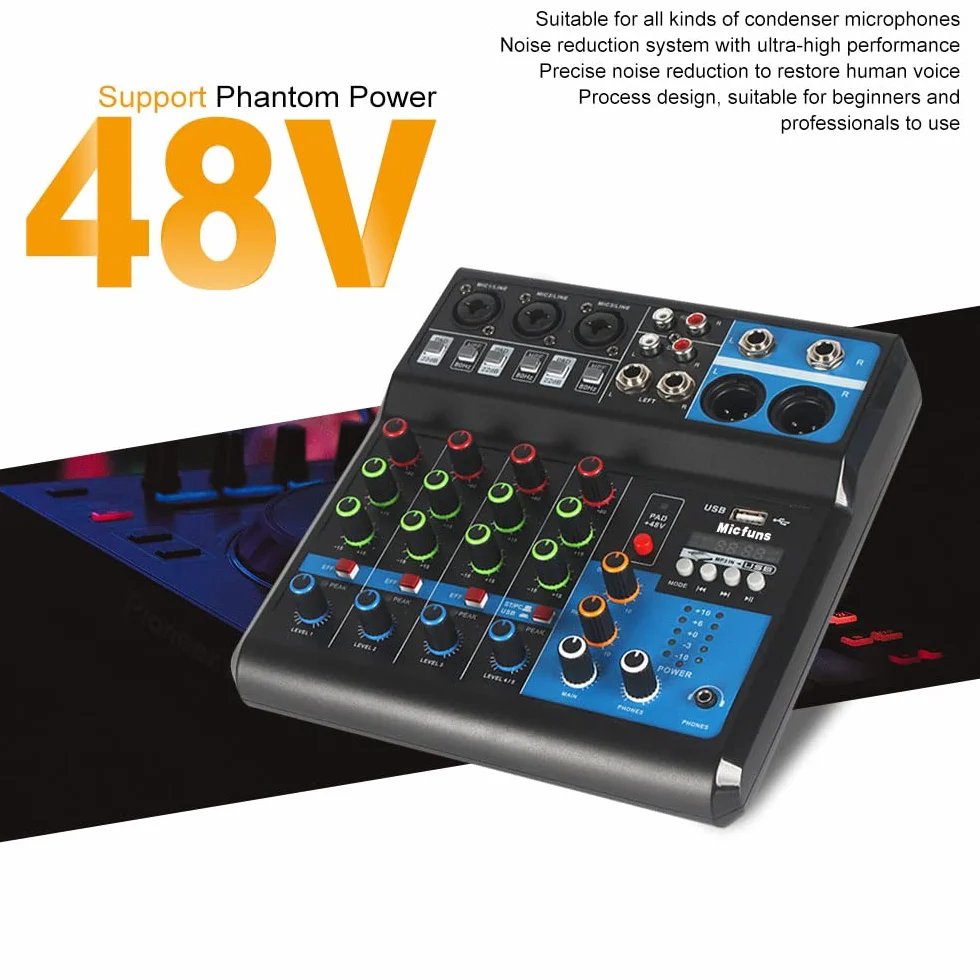 Mini DJ Mikser Sound Board Console System, 5 kanałów 48 V Phantom Power z Bluetooth USB MP3 Stereo Live DJ Studio Streaming na profesjonalne nagrywanie KTV Stage
