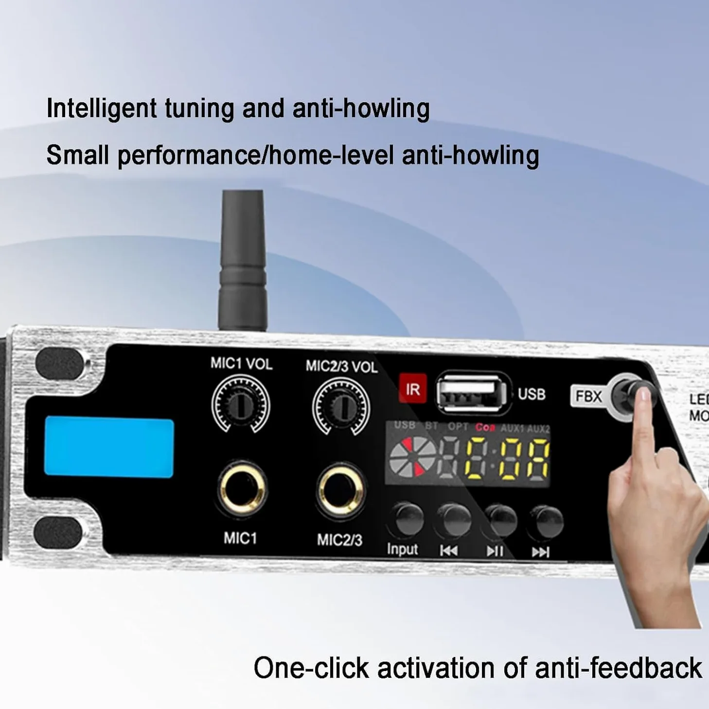 Efekt miksera karaoke, cyfrowy pogłos przedetapowy z wejściem Bluetooth/USB/światłowodowym/koncentrycznym, procesor dźwięku zapobiegający wyciu, 7 rytmów migania światła