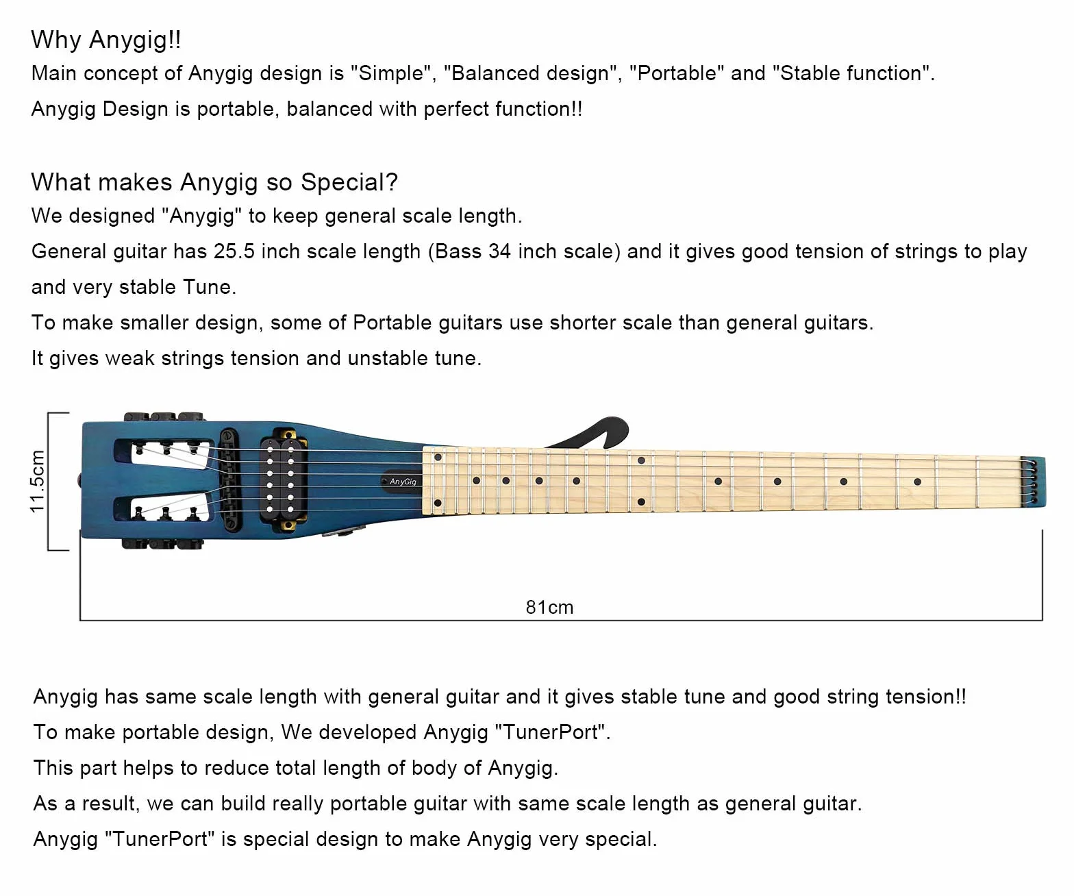 Anygig Gitara elektryczna praktyka przenośna gitara podróżna klon bez głowy solidny korpus pełna skala z Gigbag dla lekkiej konstrukcji torba na koncert wszystkie akcesoria niebieska