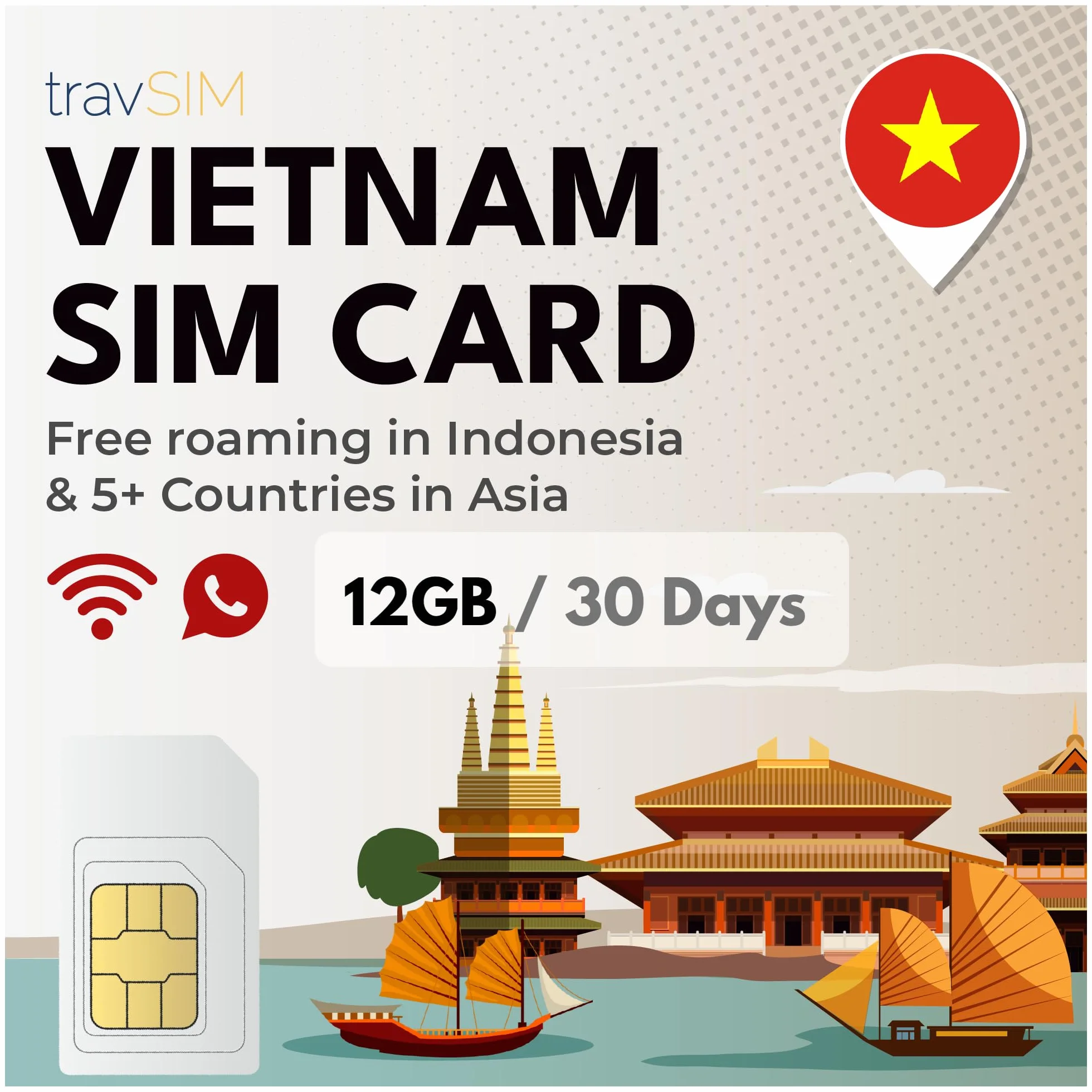 travSIM Karta SIM Wietnam | 12 GB danych mobilnych z prędkością 4G/5G | Roaming w ponad 5 krajach azjatyckich | Plan karty SIM w Wietnamie ważny przez 30 dni