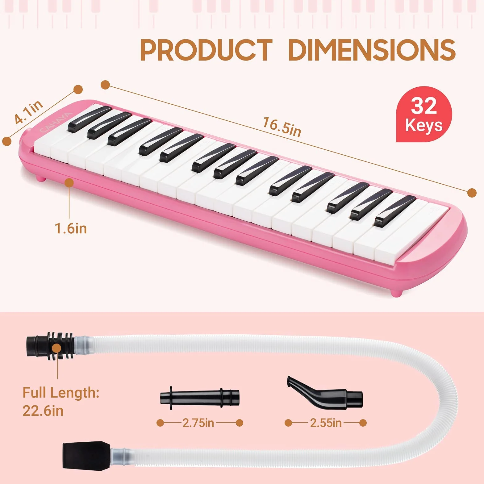 CAHAYA Melodica Instrument Melodica z 32 przyciskami, z torbą do przenoszenia, odpowiedni dla początkujących, studentów, prezent muzyczny dla chłopców i dziewczynek, różowy CY0050-3