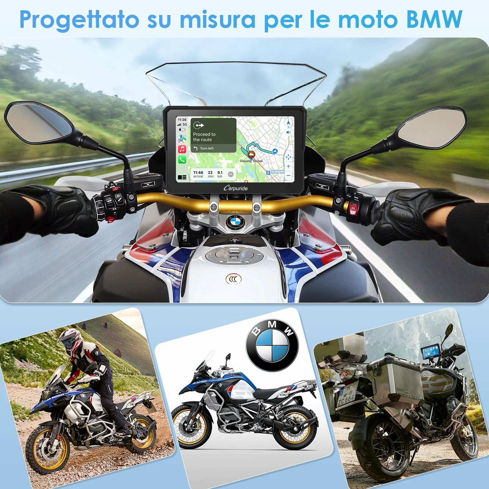 Carpuride W702B Motocyklowy ekran Carplay z niestandardowym mocowaniem do BMW Motorbike, Wireless CarPlay i Android Auto, przenośny 7-calowy wodoodporny ekran dotykowy, podwójny Bluetooth, nawigacja,