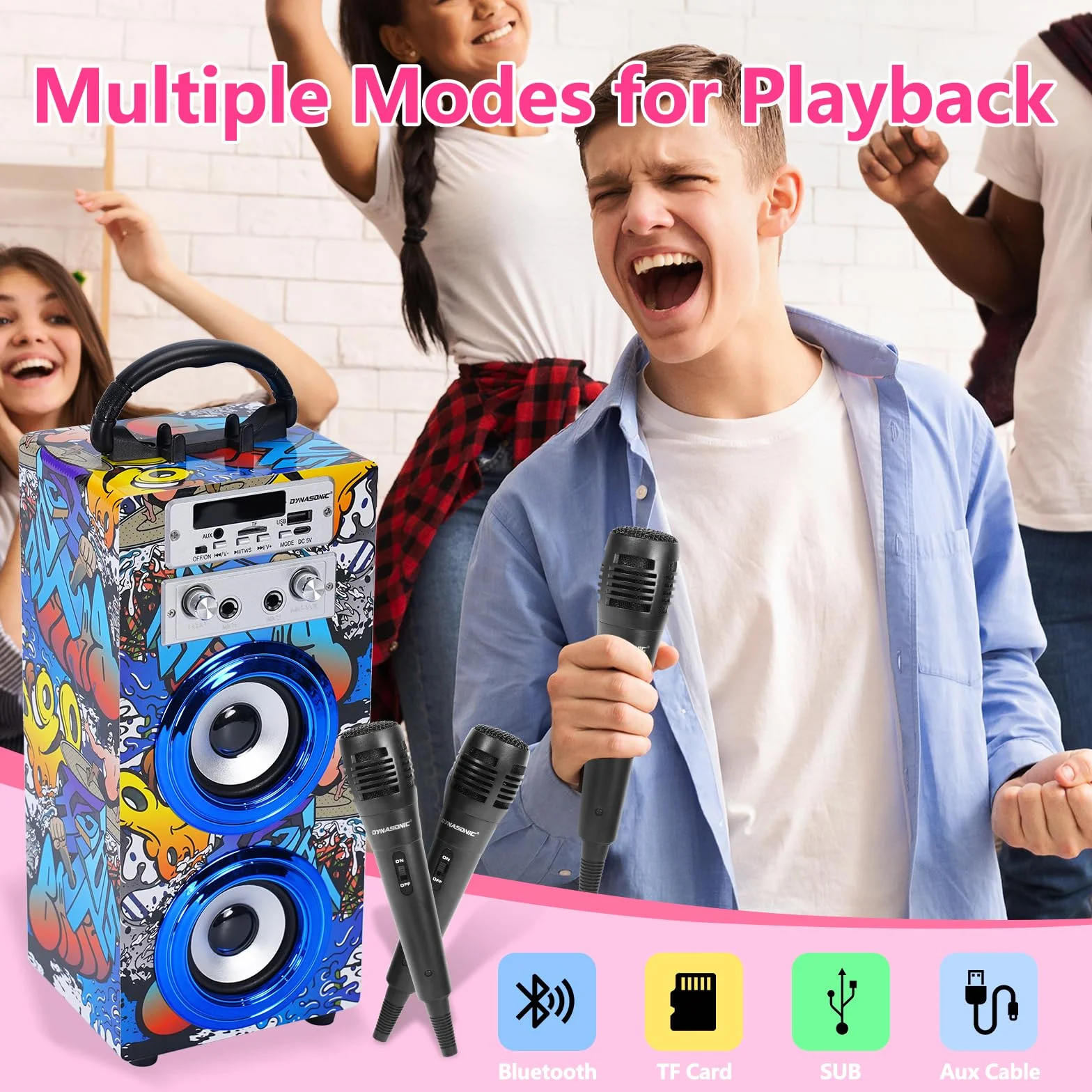 DYNASONIC Przenośna maszyna do karaoke, 2 mikrofony, głośnik Bluetooth, światła, czytnik USB i SD, prezent dla dzieci w wieku 5-13 lat (025-16 LIGHTS)