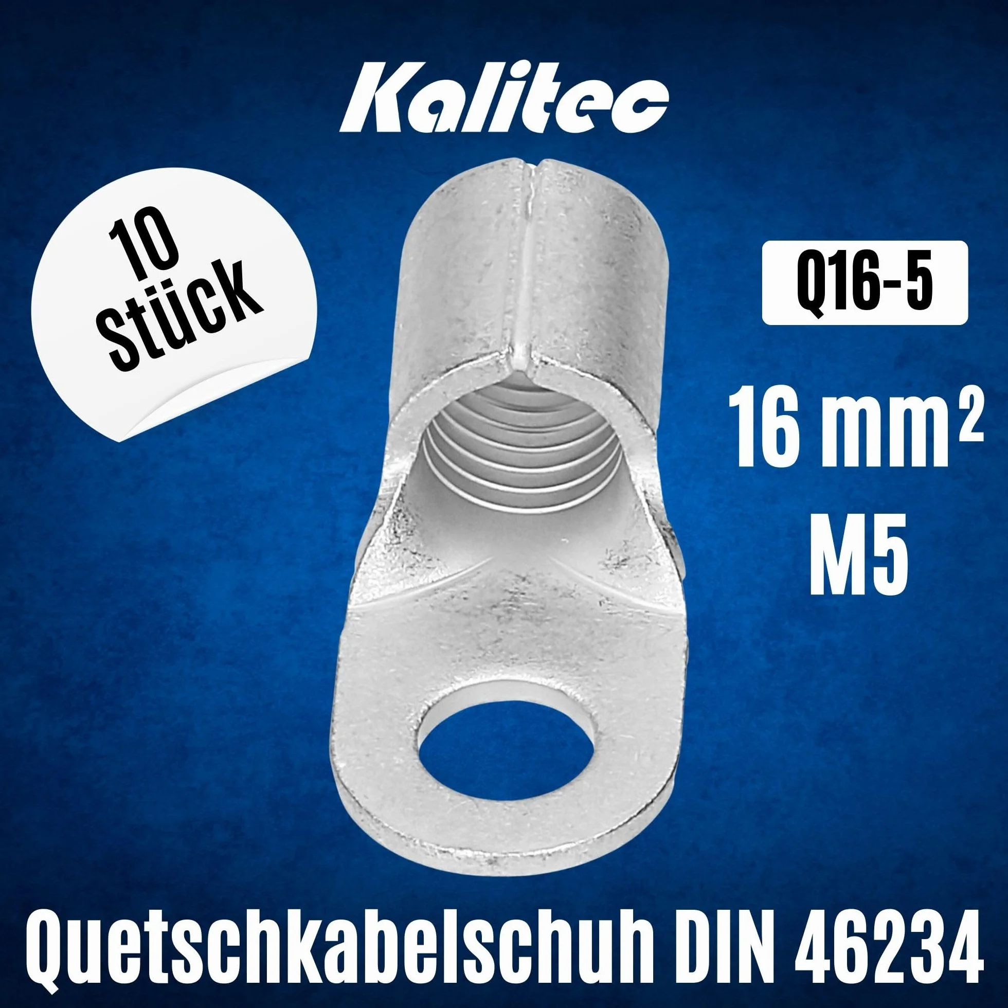 10 sztuk Kalitec Q16-5 końcówka zaciskowa 16 mm² M5 I nieizolowana I tłoczenie trzpieni I do przewodów wielo-, cienkożyłowych i cienkożyłowych I Końcówka kablowa 16 mm² zgodnie z DIN 46234