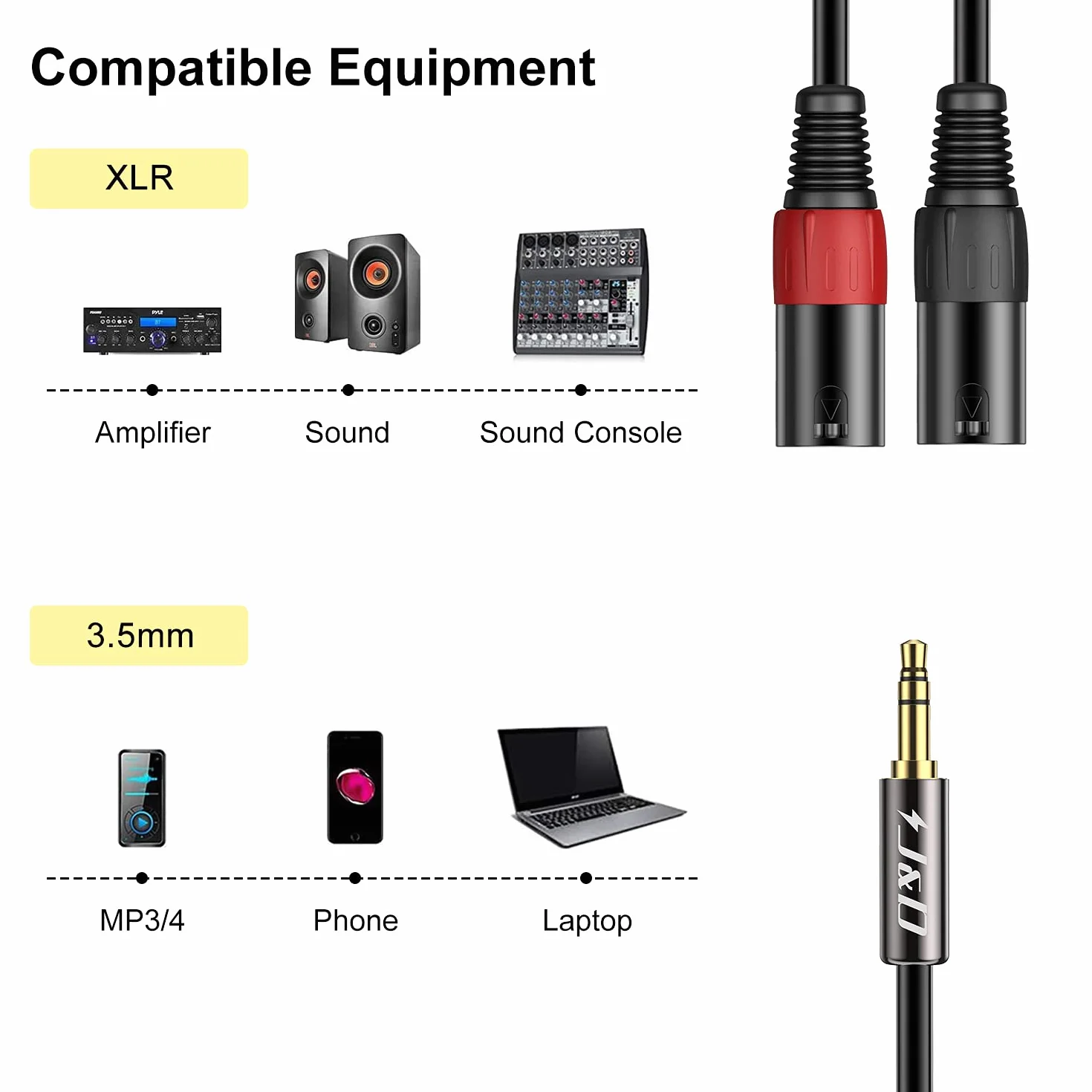J&D 3,5 mm 1/8 cala na dual XLR Y rozdzielacz kabel, PVC obrany 2 x XLR męski do 3,5 mm TRS męski niewyważony stereo audio Patch kabel adaptera do aparatu DSLR smartfona laptopa mikrofonu, 1,8 metra