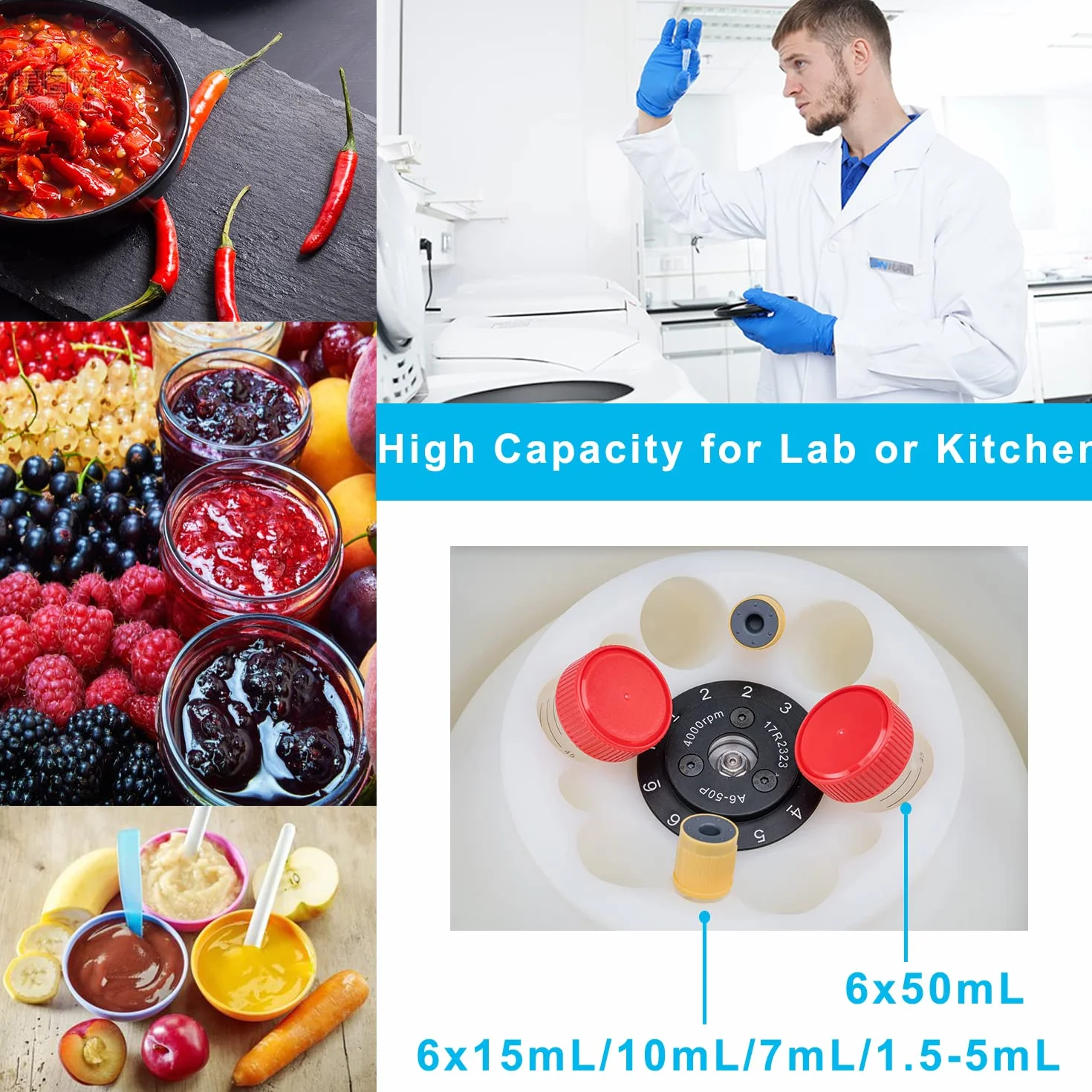 ONiLAB Wirówka laboratoryjna stołowa 6 x 50 ml, 6 x 15 mL/10 mL/7 mL/1,5-5 ml, cyfrowa wirówka laboratoryjna stołowa, timer 30 sek-99 min, prędkość 300-4000 obr./min (maks. 1800 xg)
