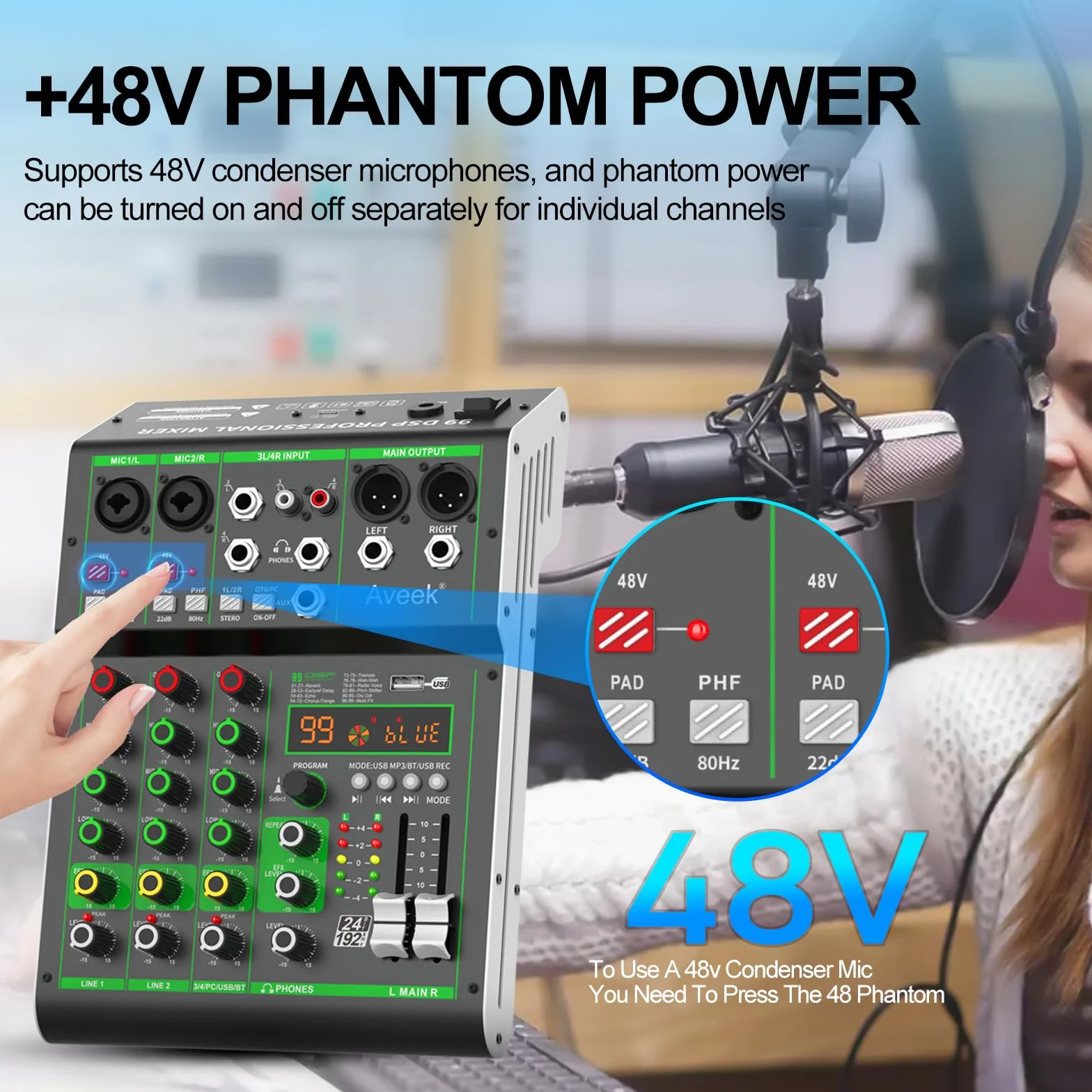 Aveek Mikser audio 4-kanałowy z USB/Bluetooth, 48V Phantom, DSP do nagrywania