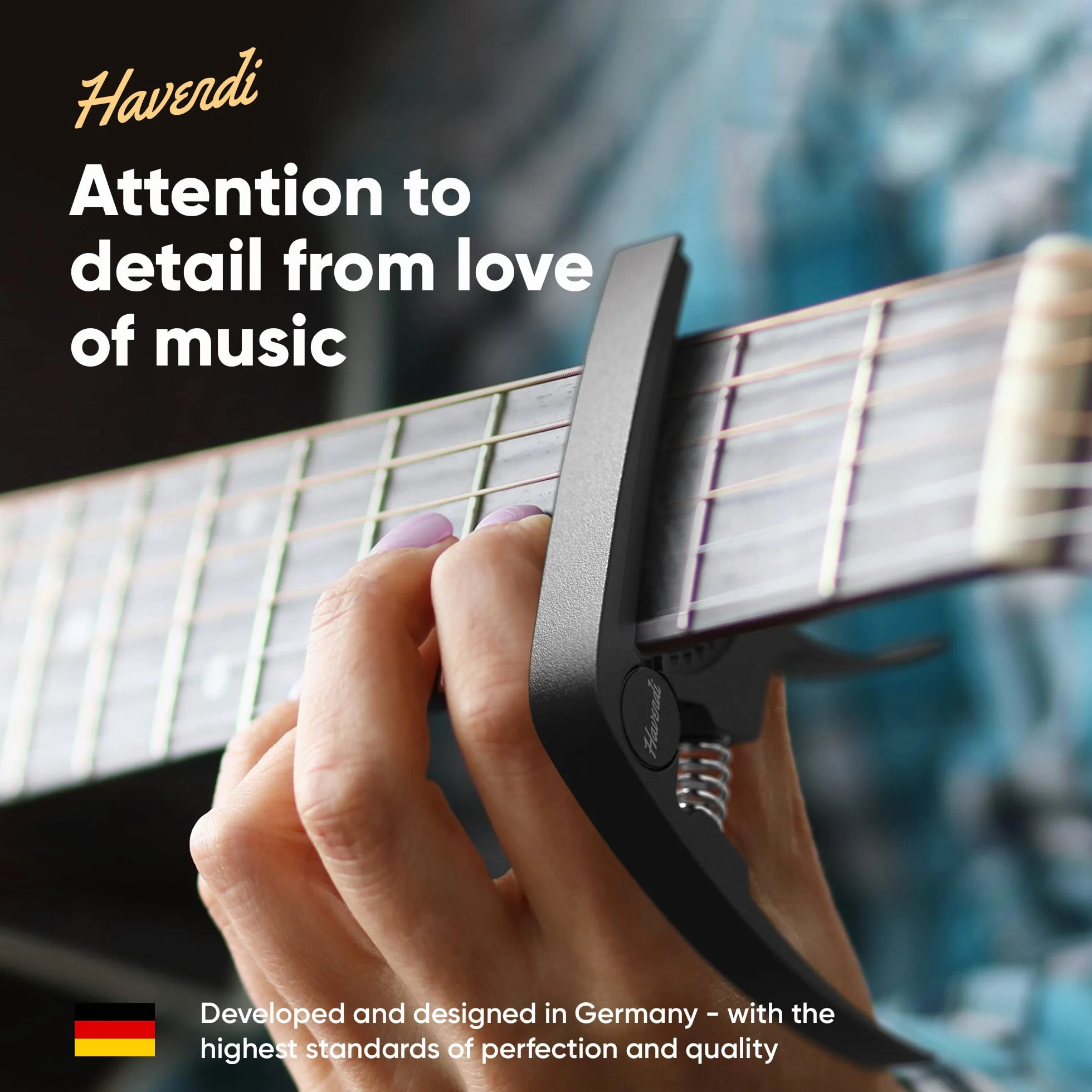 HAVENDI® Kapodaster do gitary + 3 kostki | dziecinnie łatwa obsługa | Capo do gitary – gitara westernowa, akustyczna, koncertowa, elektryczna i ukulele