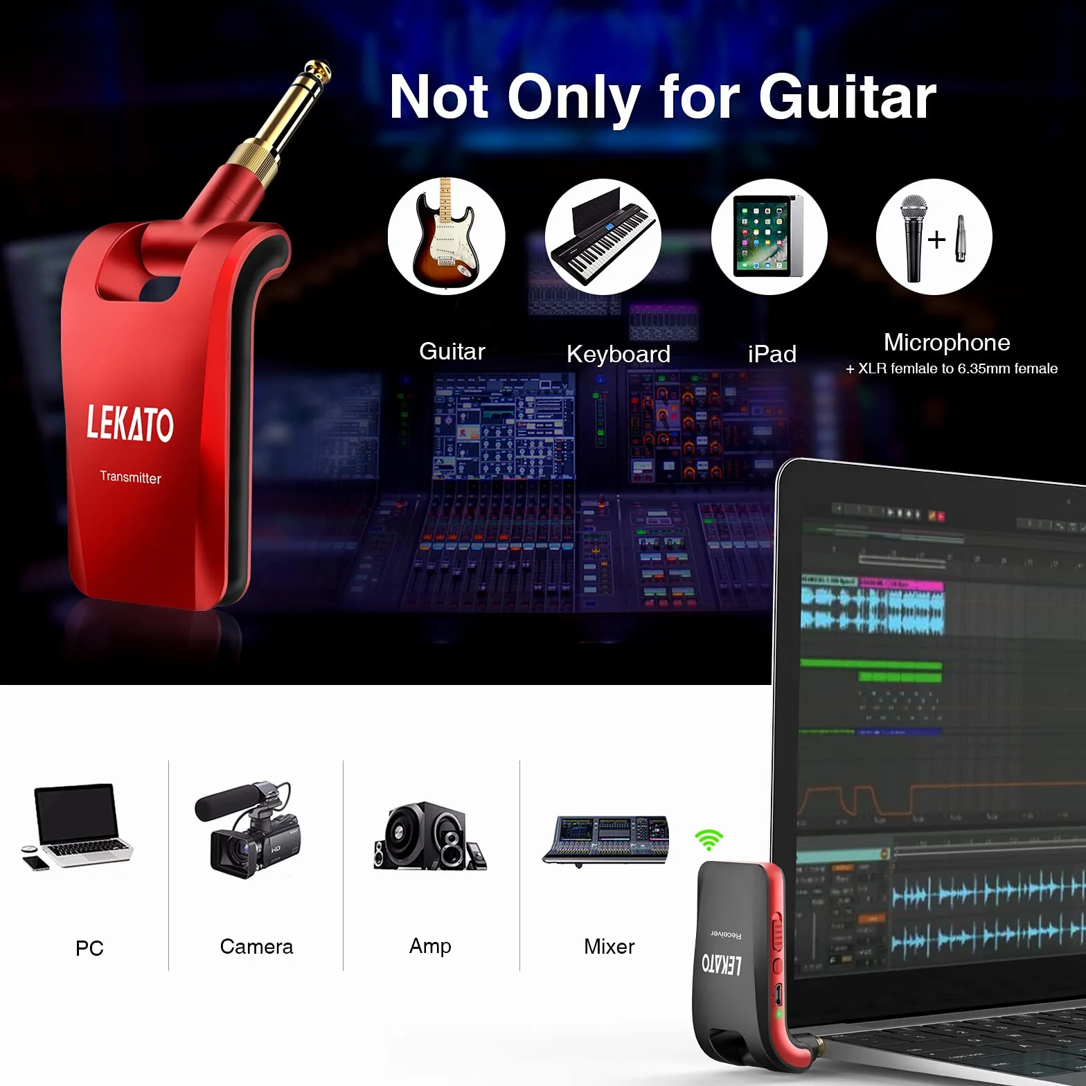 LEKATO Stereo 2,4 GHz bezprzewodowy transmiter gitarowy z wtykami 1/4" i 1/8" do instrumentów dźwiękowych, mono/stereo, wielokrotnego ładowania