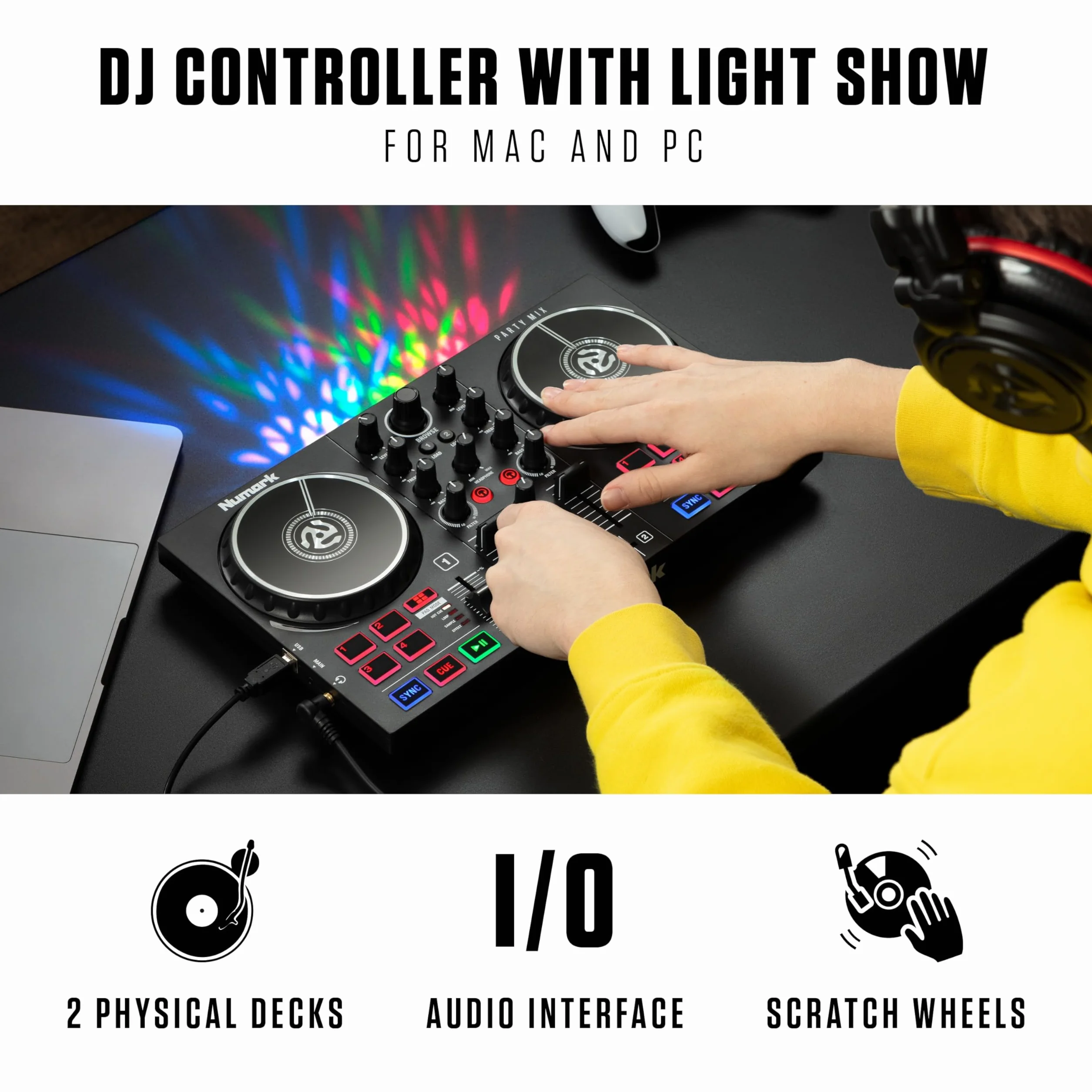 Numark Party Mix II DJ Kontroler Zestaw Dla Początkujących DJ-Ów z Imprezowym Oświetleniem i Mikserem do Serato DJ