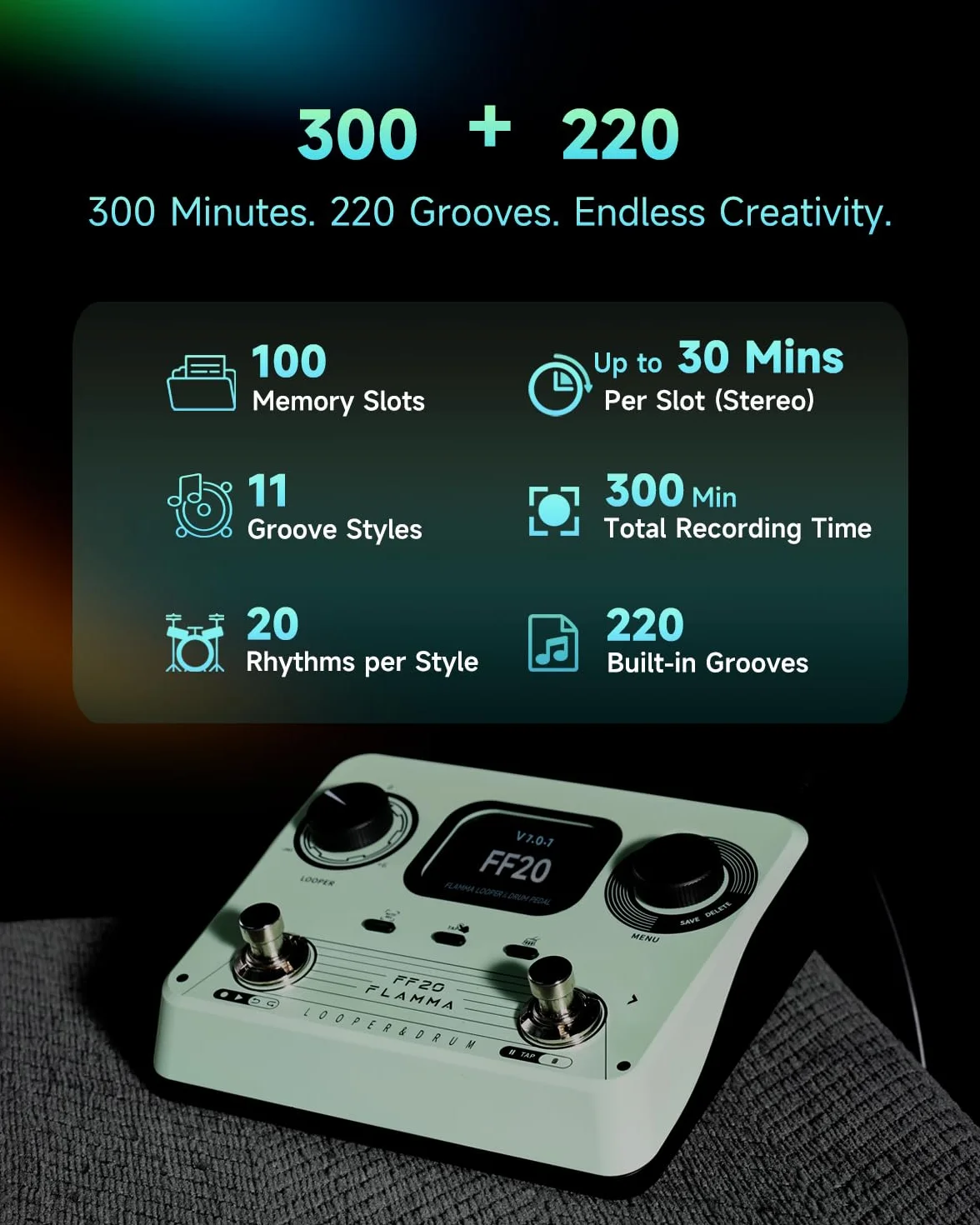 FLAMMA FF20 Looper perkusyjny, pętla perkusyjna, gitarowy z ekranem, nagrywanie 300 min, 220 rowków bębna, 100 gniazd pętli, rozciąganie czasu, automatyczne nagrywanie, wyjście USB i