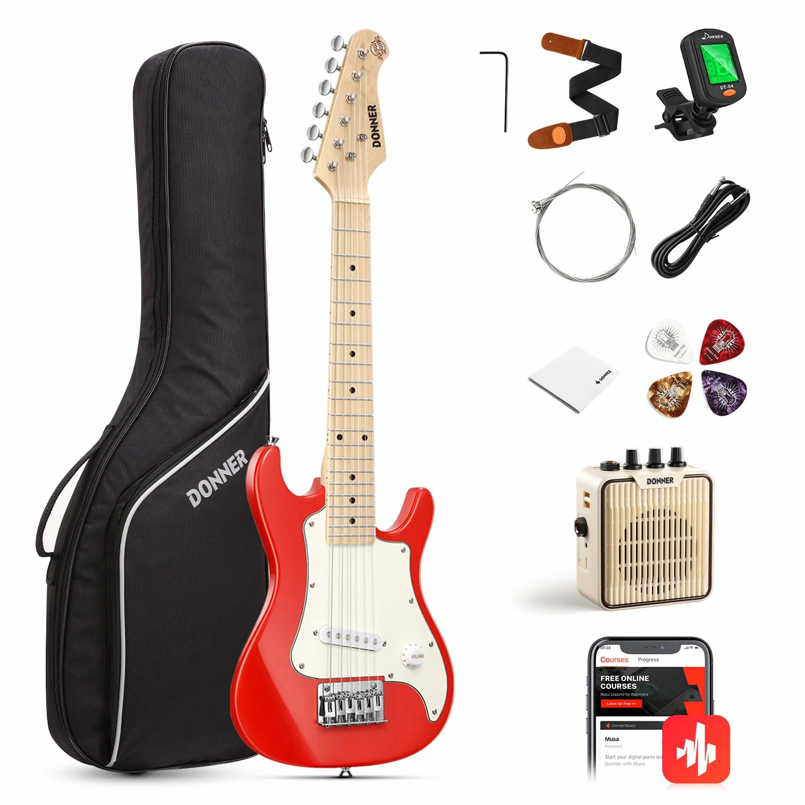 Donner 76 cm dziecięca gitara elektryczna, zestaw dla początkujących, w stylu ST, mini gitara, zestaw premium ze wzmacniaczem, tunerem, kapo, torbą, paskiem, sznurkiem, kablem (DSJ-100, czerwona)
