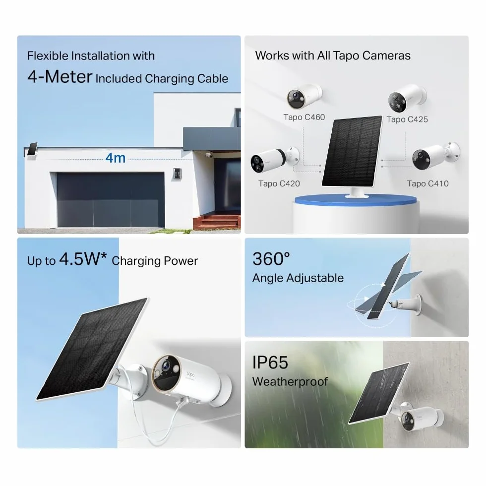 Tapo Panel słoneczny A202 4,5 W, 5,2 V, odpowiedni do baterii Tapo kamery, elastyczna instalacja, ładowanie o wysokiej wydajności, IP65, regulowany 360°, kabel do ładowania 4 m