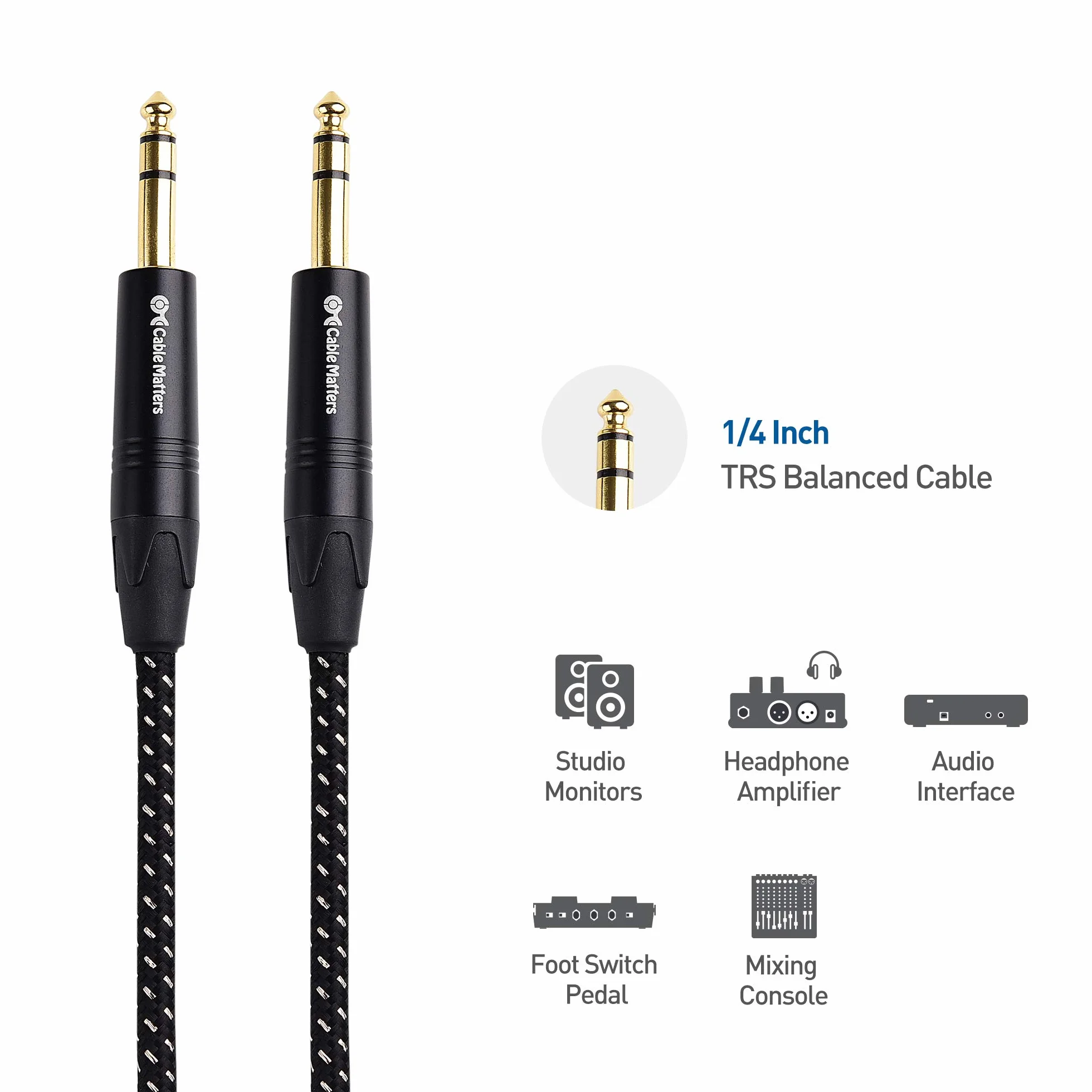 Cable Matters wysokiej jakości pleciony zbalansowany kabel TRS 1/4 cala, 1,8 m