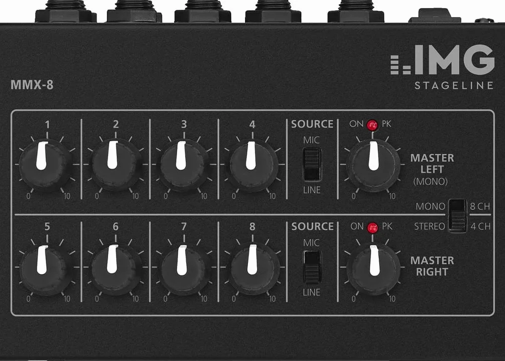 MONACOR 242860 MMX-8 miniaturowy mikser audio w kolorze czarnym, uniwersalny mikser mikrofonowy ze złączem jack
