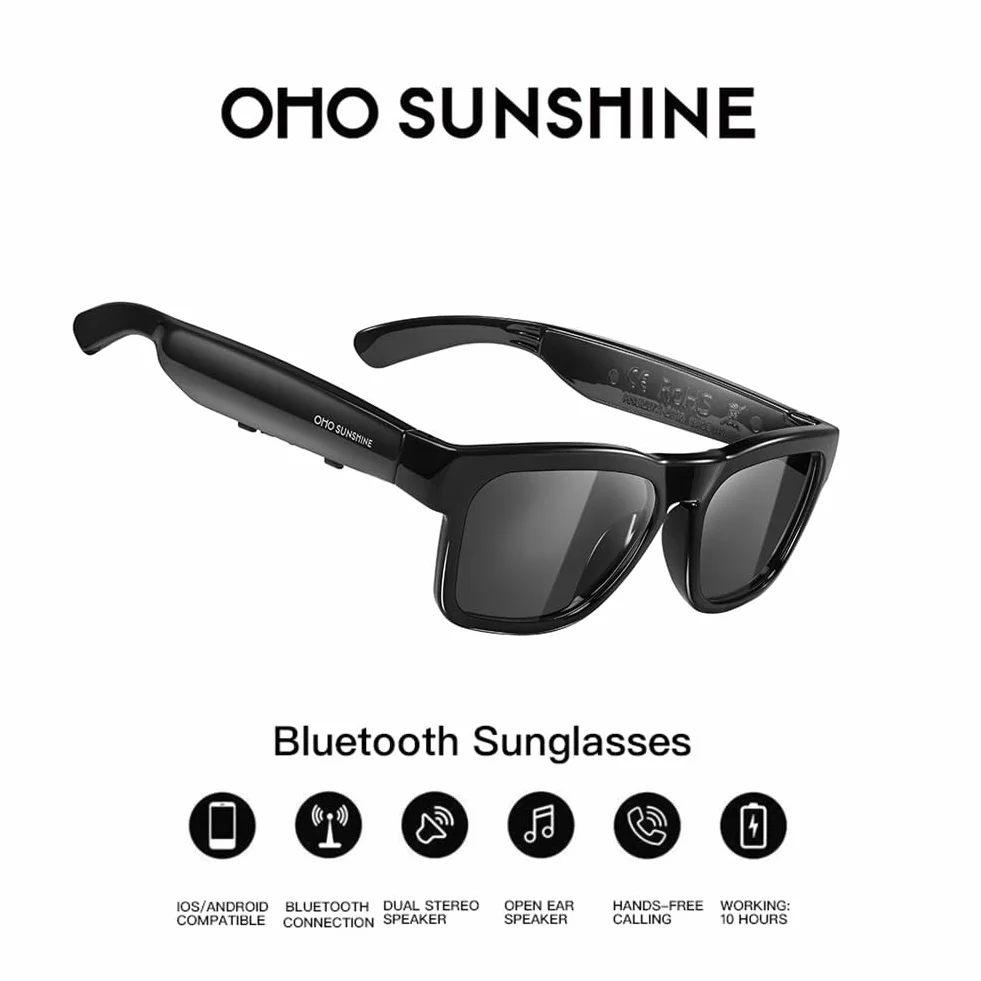 OhO sunshine Wodoodporne okulary przeciwsłoneczne z technologią Bluetooth do słuchania muzyki i rozmów telefonicznych, polaryzacyjne soczewki ochronne UV400, Czarna ramka