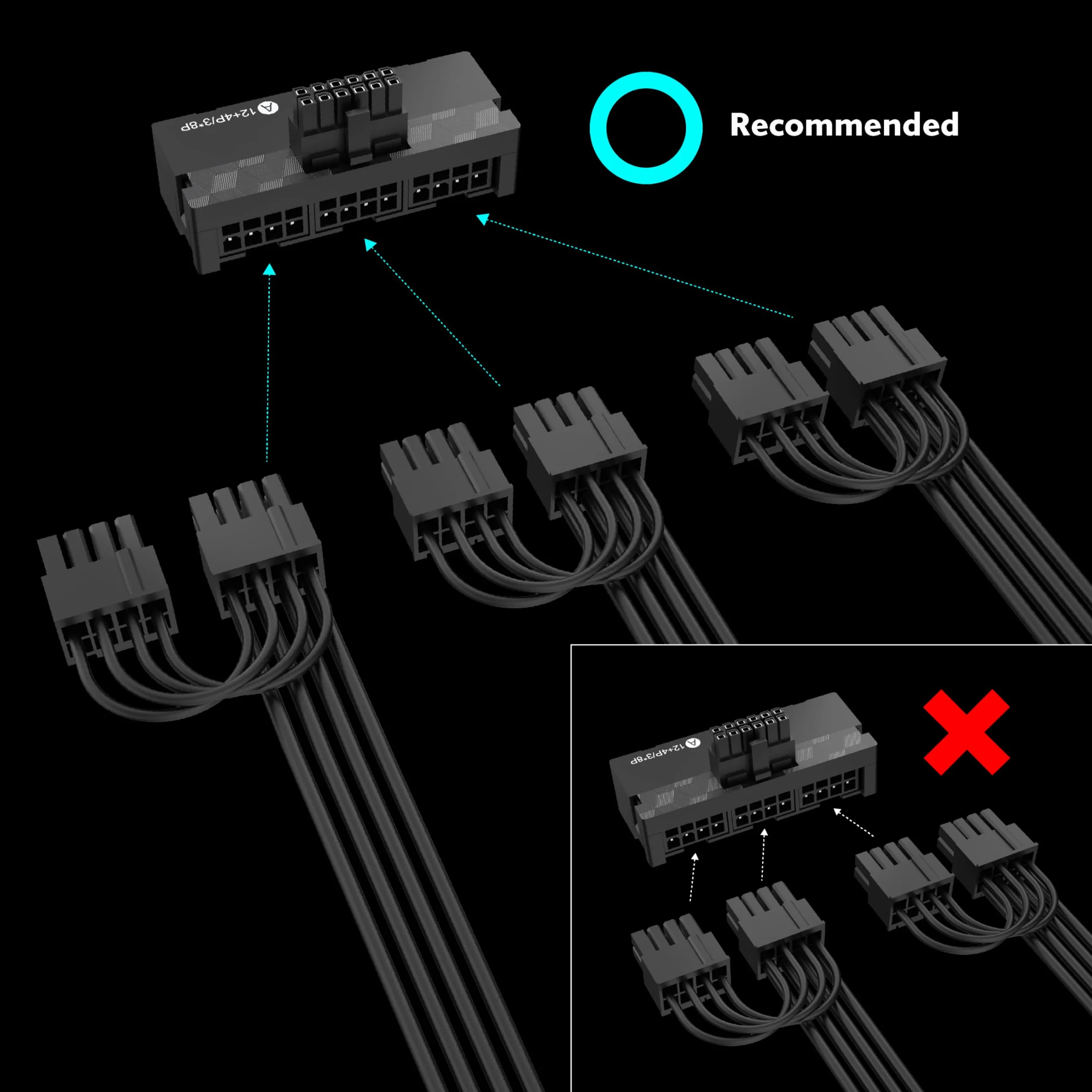 Akasa 90 Stopień 12VHPWR Kabel 12+4 Pin to 3 x 8 Pin męski na żeński, 16AWG, 30cm (Czarny), Maksymalny 600W, Kompatybilny z RTX 4090 4080 4070Ti 3090Ti Karta graficzna z Legacy PSU, AK-CBPW31-30BK