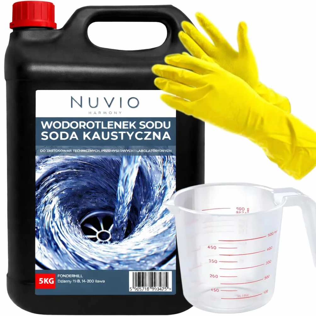 NUVIO, Soda Kaustyczna, Wodorotlenek Sodu NaOH 99%, Granulat, 5kg, Do Udrażniania Rur i Syfonów, Z Rękawicami i Miarką 500ml, Produkt Żrący - Zachować Ostrożność