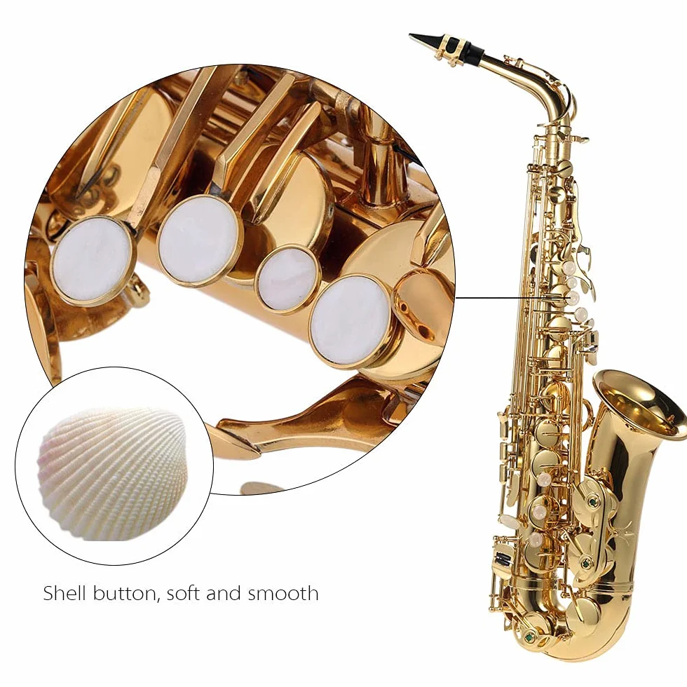 Saksofon altowy, pozłacany mosiądz i umywalka saksowa, 802 tonacja, instrument Woodwin, ze szczotką do czyszczenia, ściereczką, rękawiczkami, smarem korkowym, wyściełanym paskiem do noszenia