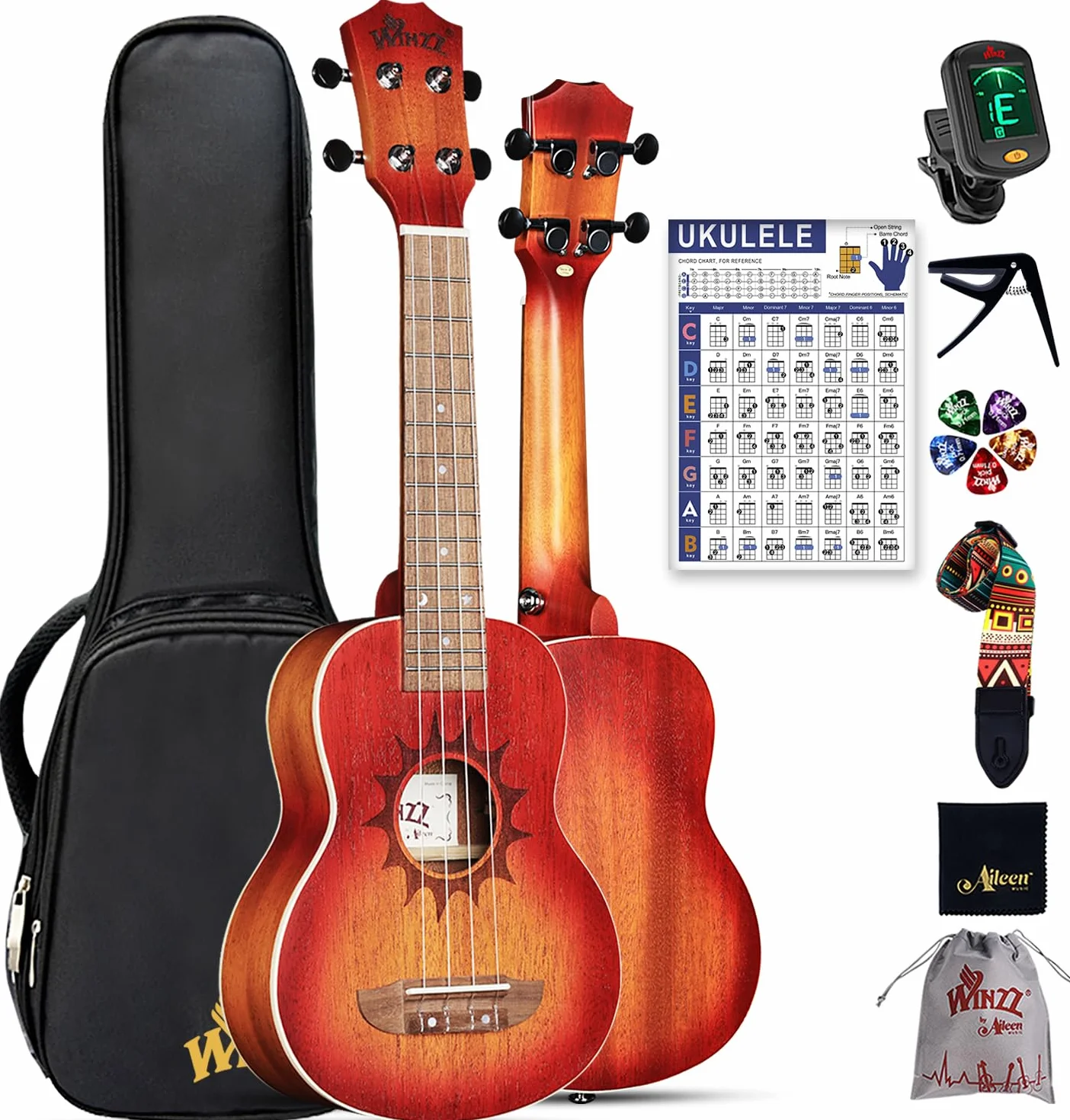 Winzz Ukulele sopranowe dla dorosłych i dzieci - 53 cm mahoń, struny węglowe, matowy sunburst