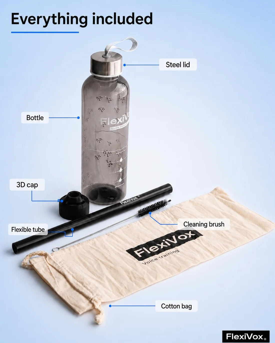 FlexiVox®, zestaw do ćwiczeń głosu | Stosowany w logopedii i terapii głosu z aseptyczną talkiem + Butelka z miarką + Szczotka + Torba + eBook + Korek regulacyjny
