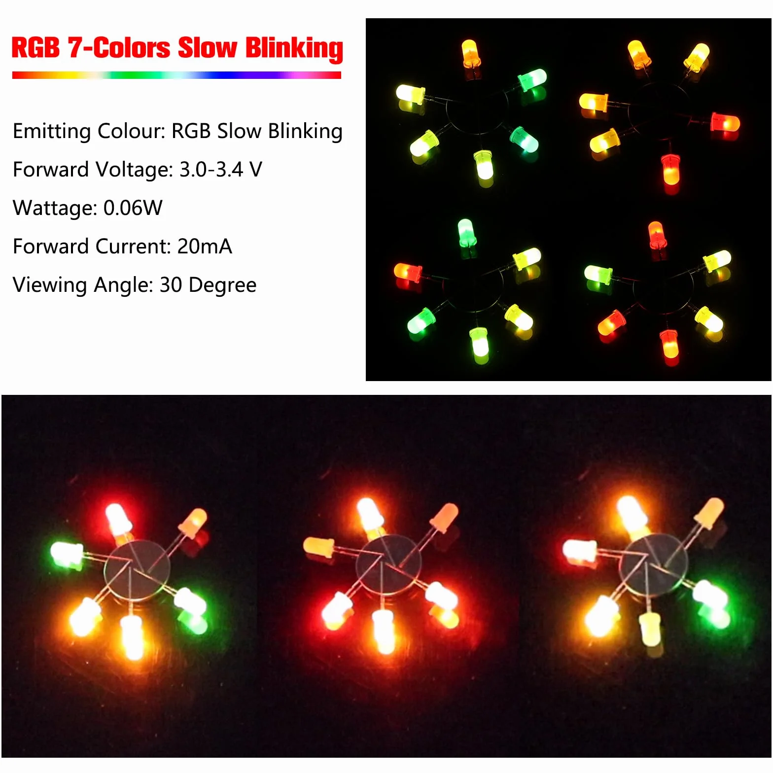 YIXISI 100 Sztuk 5mm RGB 7 Kolorów Wolnoo Migające Diody Świetlne, 3.0-3.4 V 2-Biegunowa Diody Elektroluminescencyjne, Rozproszona Diody LED