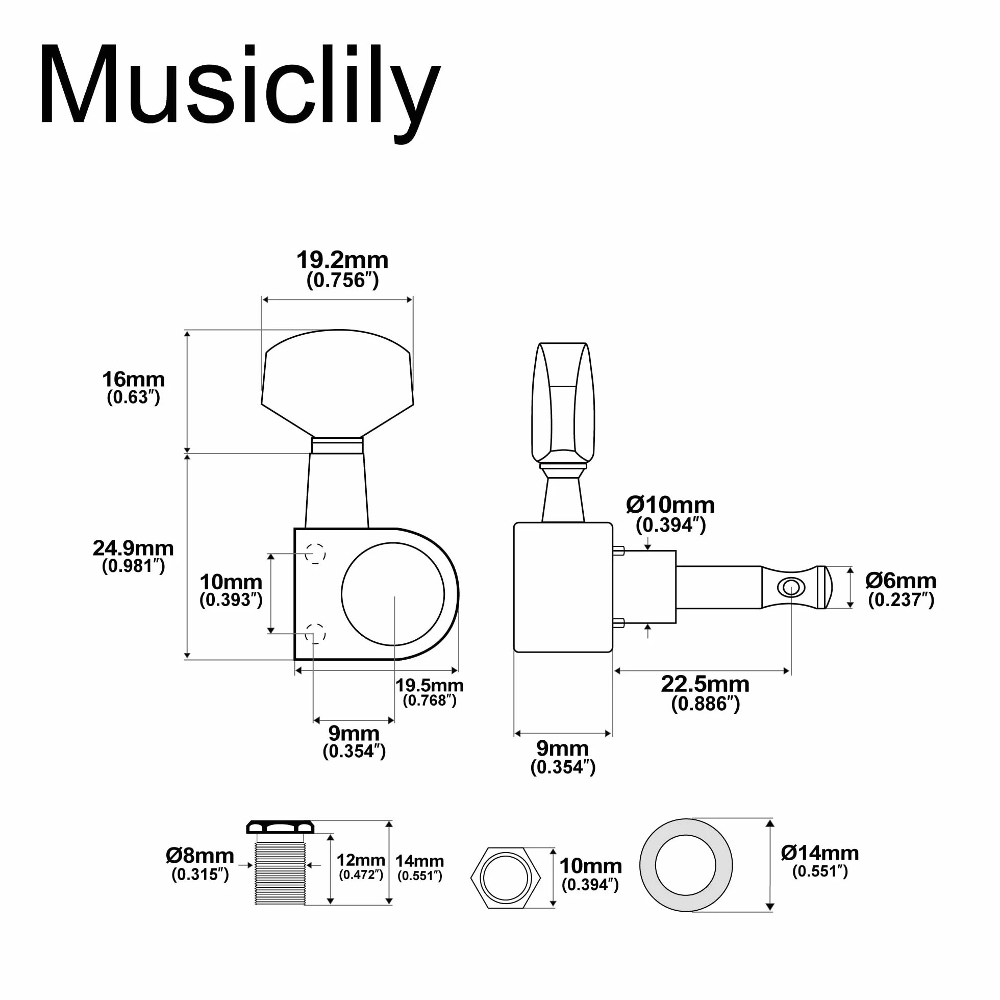Musiclily 6 w Linii 2-pin Klucze Gitaryowe Tunery Kołki do Strojenia do Gitary Elektrycznej Squier Strat, Chrom