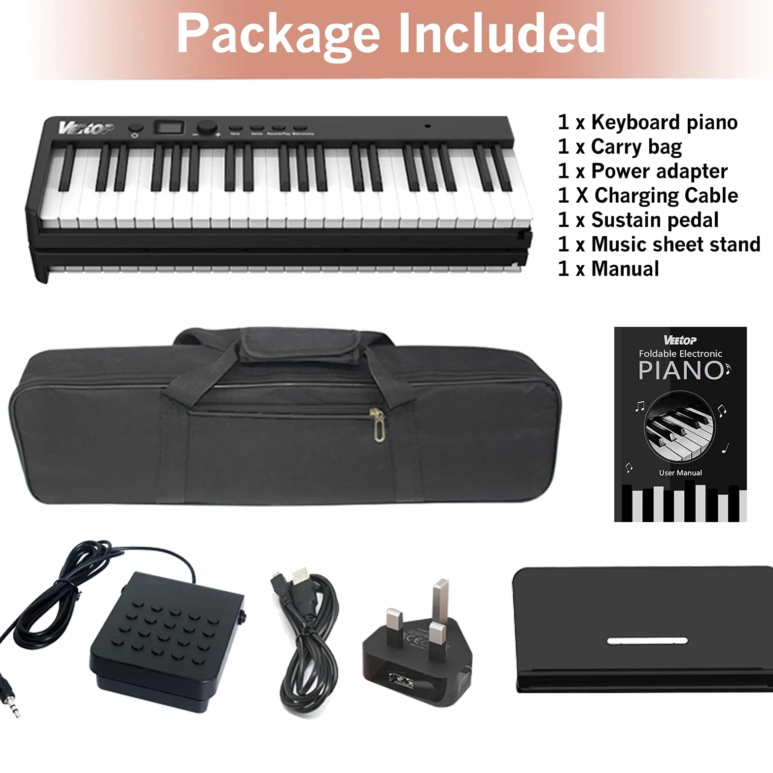 Veetop Składane pianino klawiatury, z 88 klawiszami, przenośne, pełnowymiarowe pianino elektroniczne z Bluetooth, MIDI, akumulator do wielokrotnego ładowania, składane pianino cyfrowe Geat dla początkujących, dzieci, dorosłych