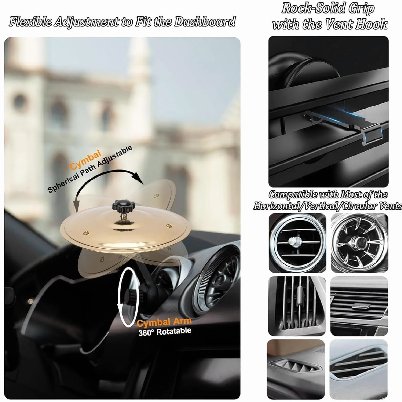 SEAFRONT CARMAC CYMBAL CYMBAL MINI Drum for Vehicle Air Vent Dash Dash Małe Zabawne Akcesoria z Regulowanym Wspornikiem ABS dla Perkusistów i Miłośników Muzyki (GOLD)