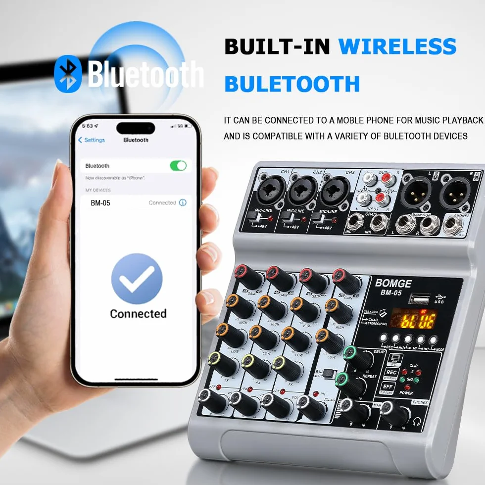 BOMGE Mikser audio 5-kanałowy cyfrowy efekt opóźnienia echa USB Bluetooth 48V Phantom Power