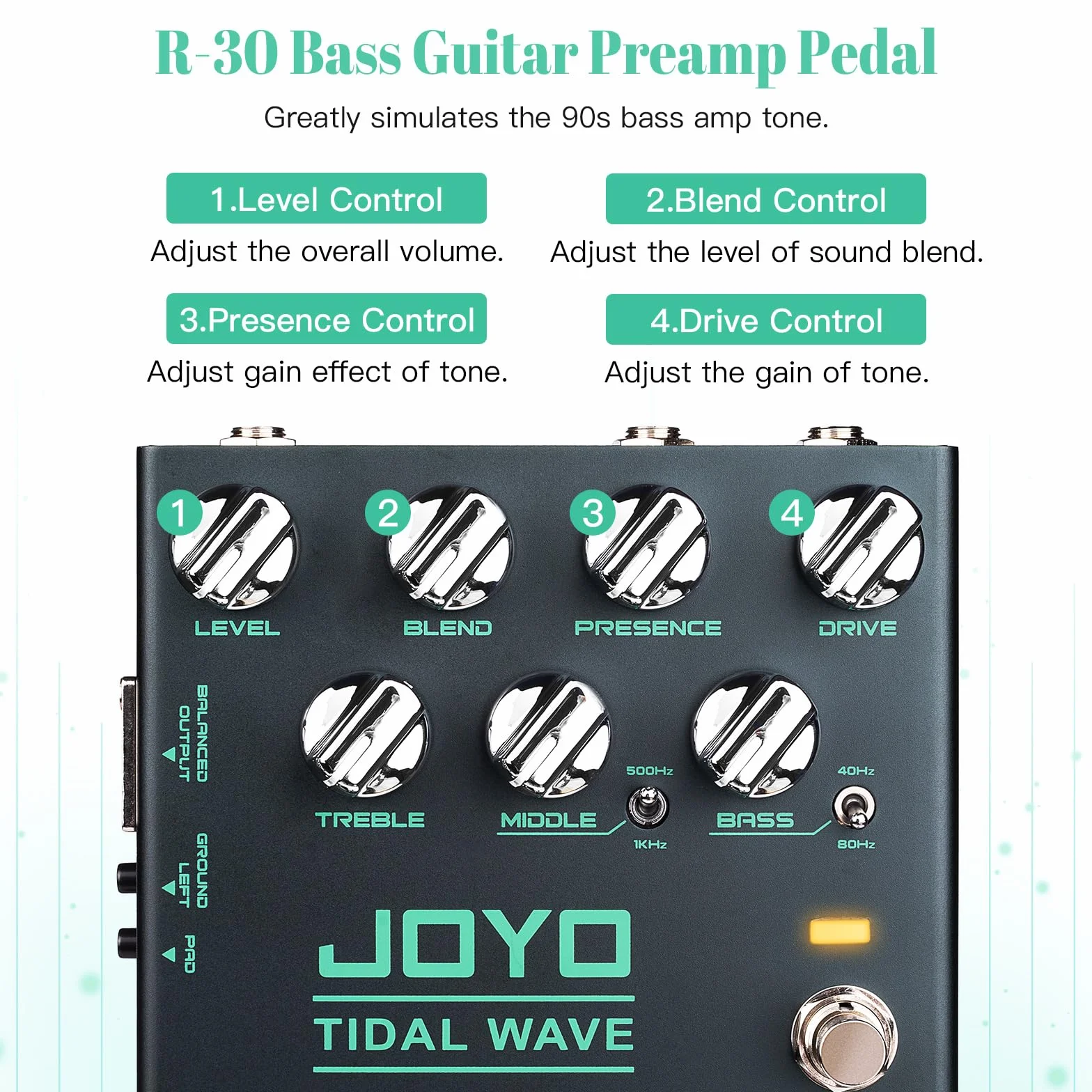 JOYO Pedały do gitary basowej, przedwzmacniacz, pedał Overdrive z korektorem i redukcją szumów, wyjście DI do gitary elektrycznej Pop Funk Metal Bassist (TIDAL WAVE R-30)