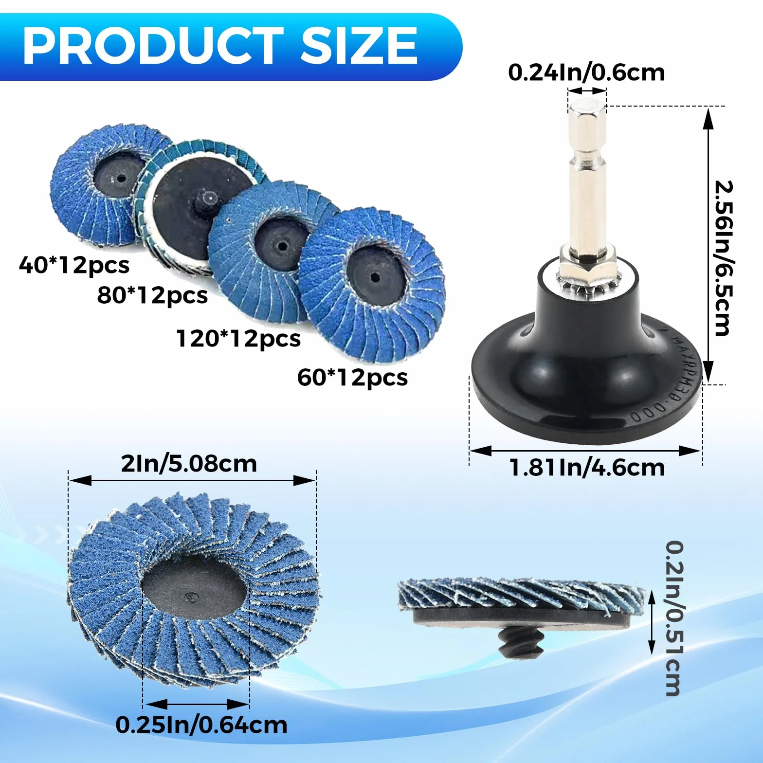 Yetaha 48 sztuk tarcz wachlarzowych 50 mm, 2 cale tarcze szlifierskie, ziarnistość 40/60/80/120, z talerzem obrotowym 1/4 cala, 1 pręt okrągły i 1 pręt sześciokątny do szlifierki kątowej