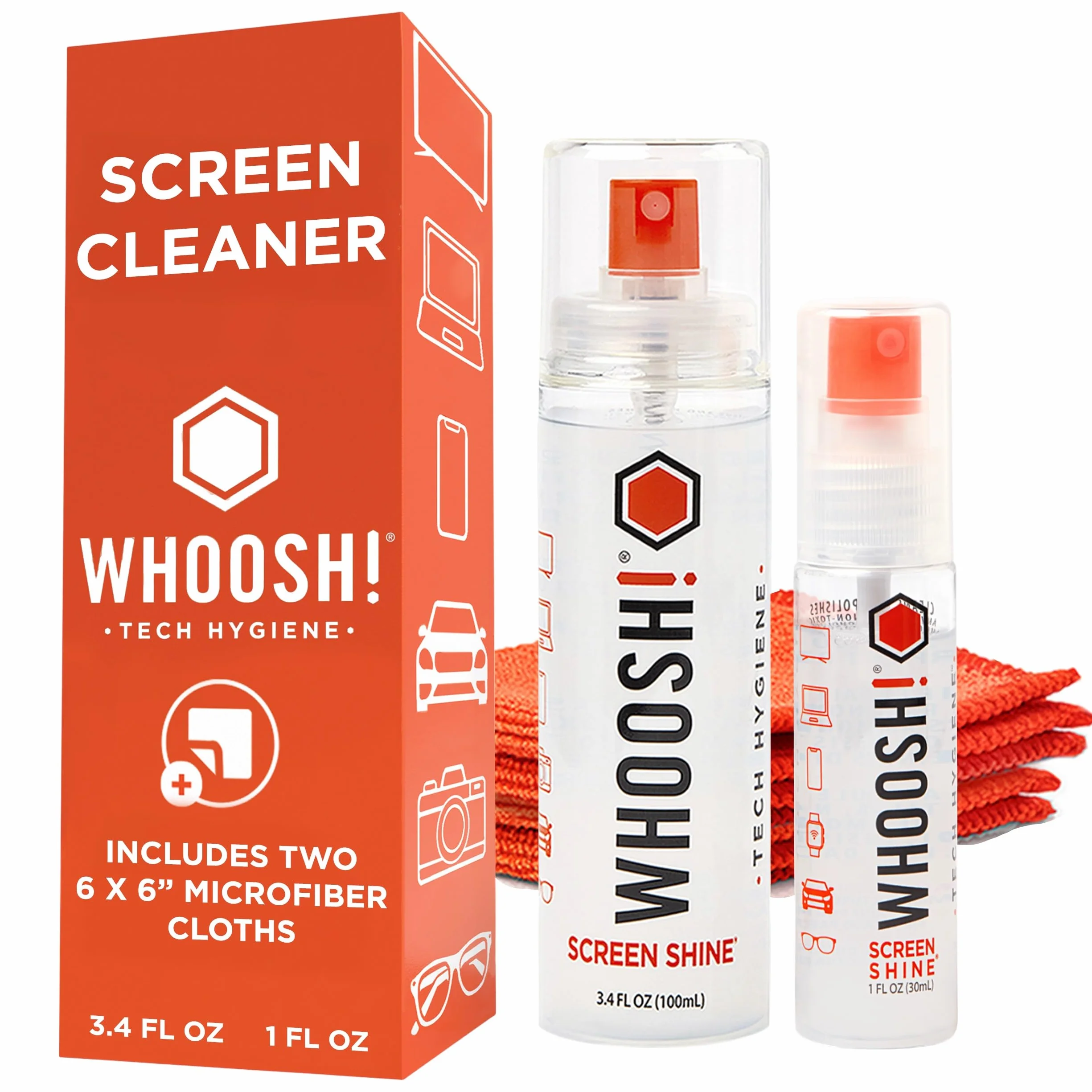 WHOOSH! Zestaw do czyszczenia ekranu – najlepszy do smartfonów, iPadów, okularów, czytników elektronicznych, LED, LCD i telewizorów – zawiera 100 ml + 30 ml butelki + 2 ściereczki premium