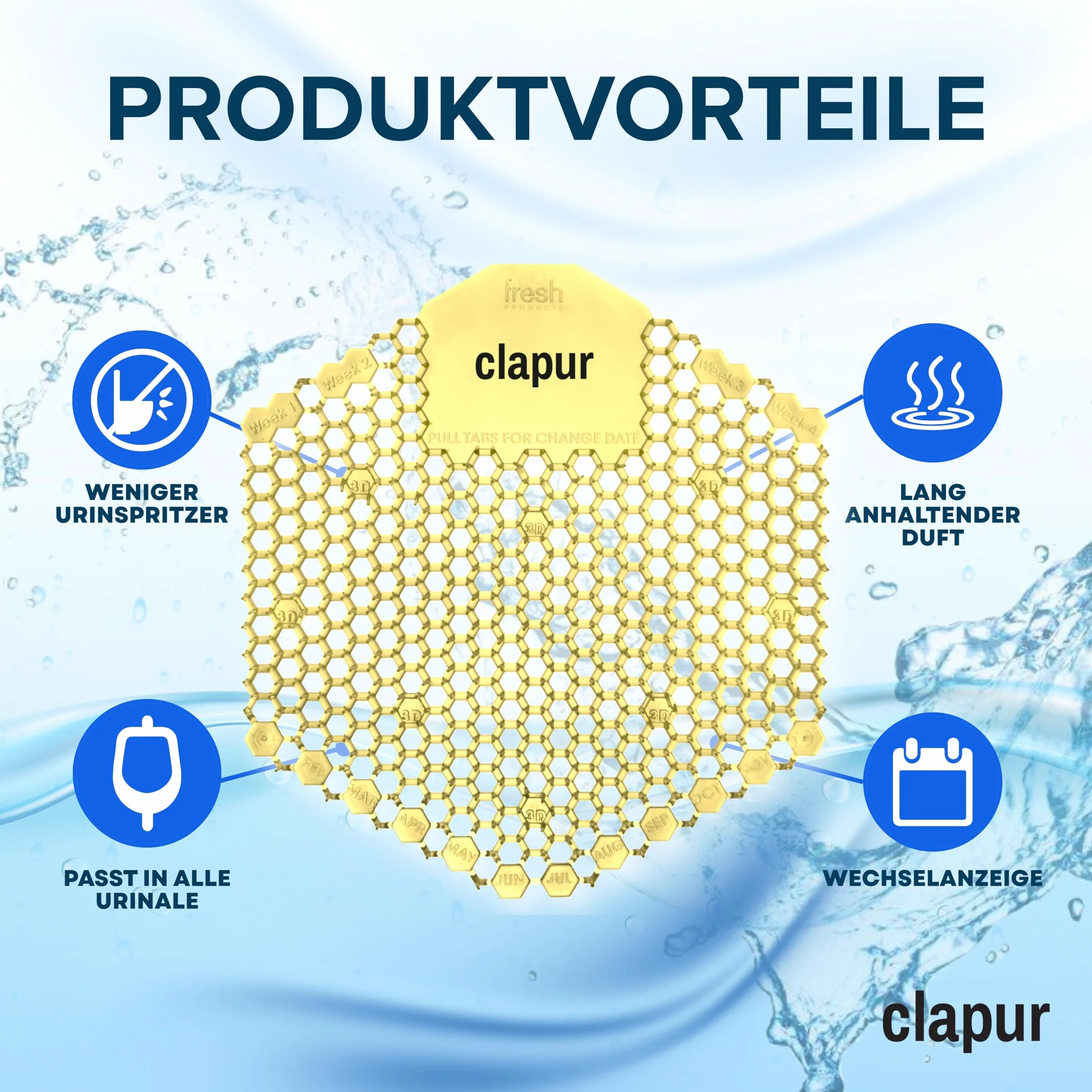 sitko do pisuaru (2 szt.) z zapachem cytrusowym, wskaźnikiem wymiany i dwustronną ochroną przed pryskaniem, do każdego pisuaru i pisuaru, prostokątne, żółte