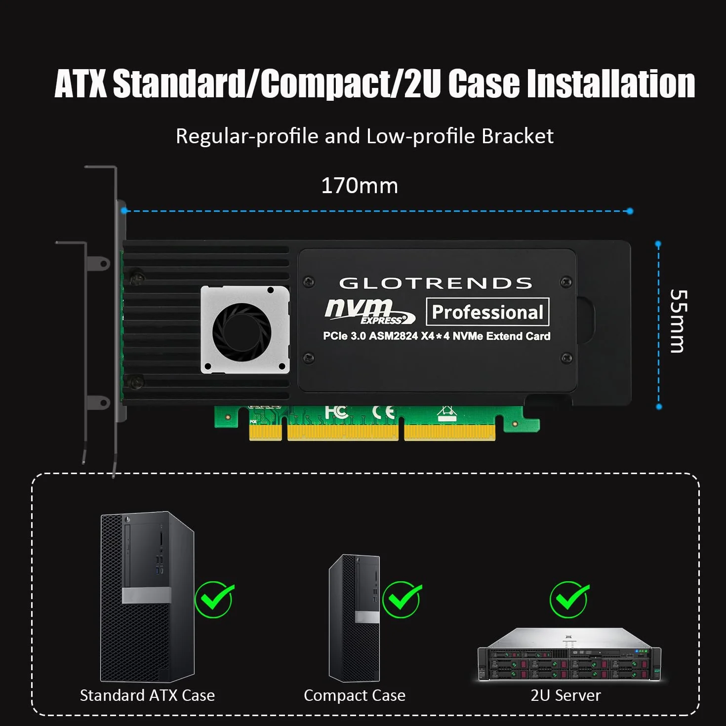 GLOTRENDS ST560 Adapter Quad M.2 NVMe do PCIe 3.0 X8 z rozwidleniem PCIe, konfiguracja miękkiego RAID-u M.2 NVMe za pomocą narzędzia systemu operacyjnego
