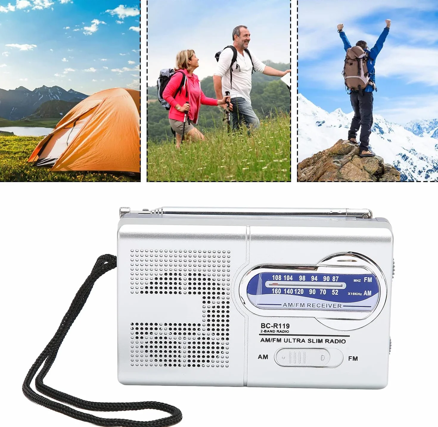 Przenośne radio AM FM, małe radio, na baterie, kieszonkowe radio do chodzenia, joggingu, kempingu, srebrne