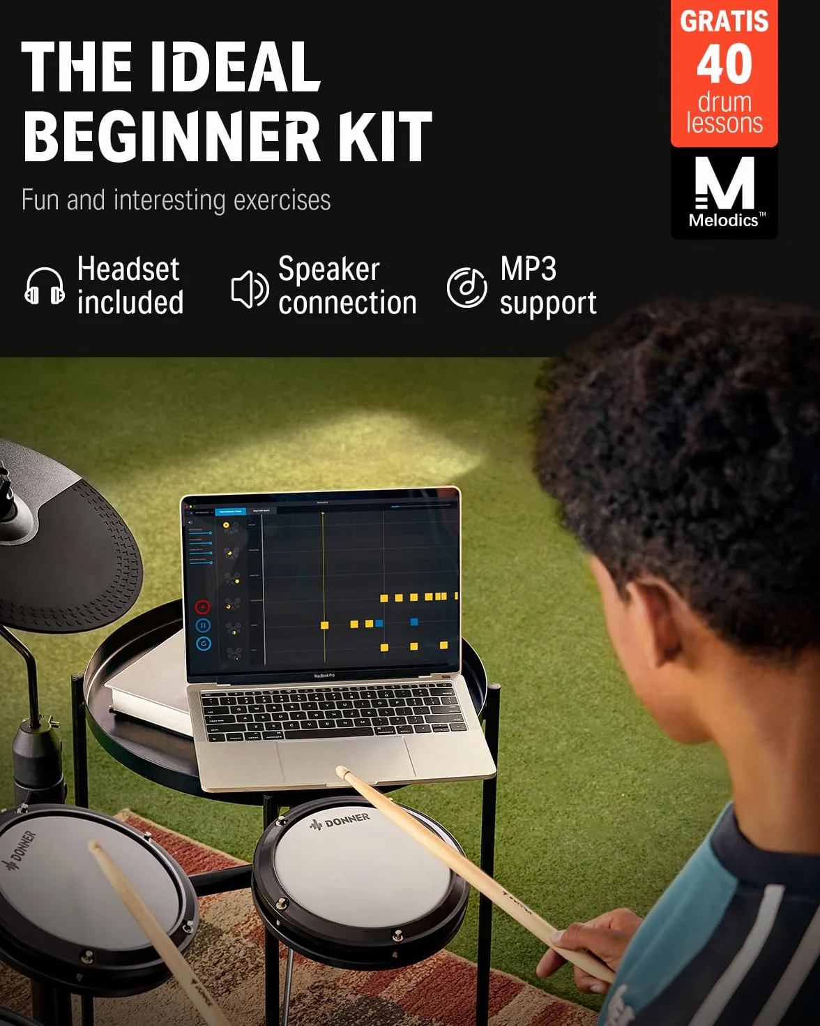 Donner DED-80 7 sztuk muzycznych perkusyjnych elektroniki z naszywkami z siatki, 180 dźwięków, Drum Throne, Headphone, Sticks, Kids Christmas Birthday Gift, 40 Melodics Lessons