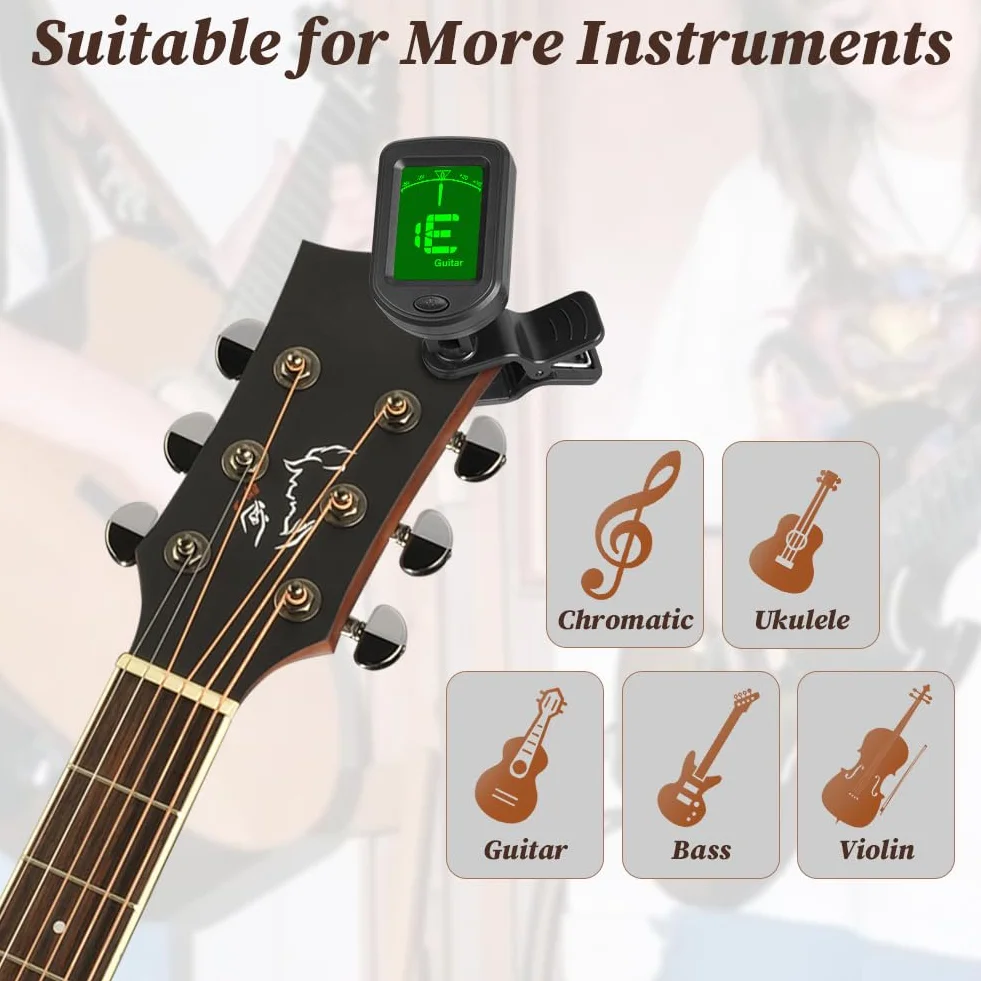 tuner gitarowy na klips, cyfrowe tunery do akcesoriów gitarowych z wyświetlaczem LCD, tuner gitarowy na klips do gitary akustycznej, basowej, skrzypiec, ukulele, gitary elektronicznej